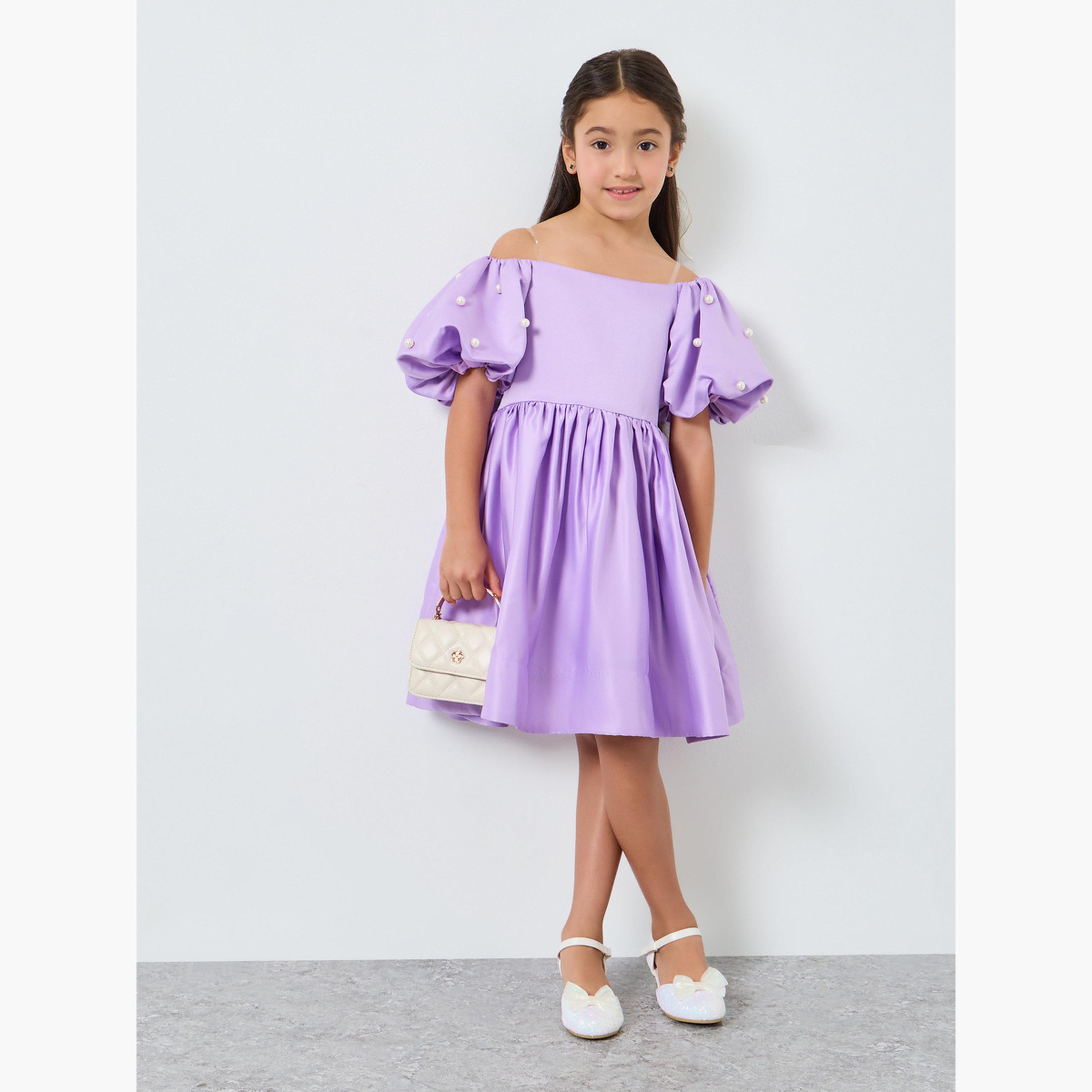 Take Two Girls Purple Satin Puff Sleeve Faux Pearls Detail Dress-girls-clothing-dressesandjumpsuits-image-2