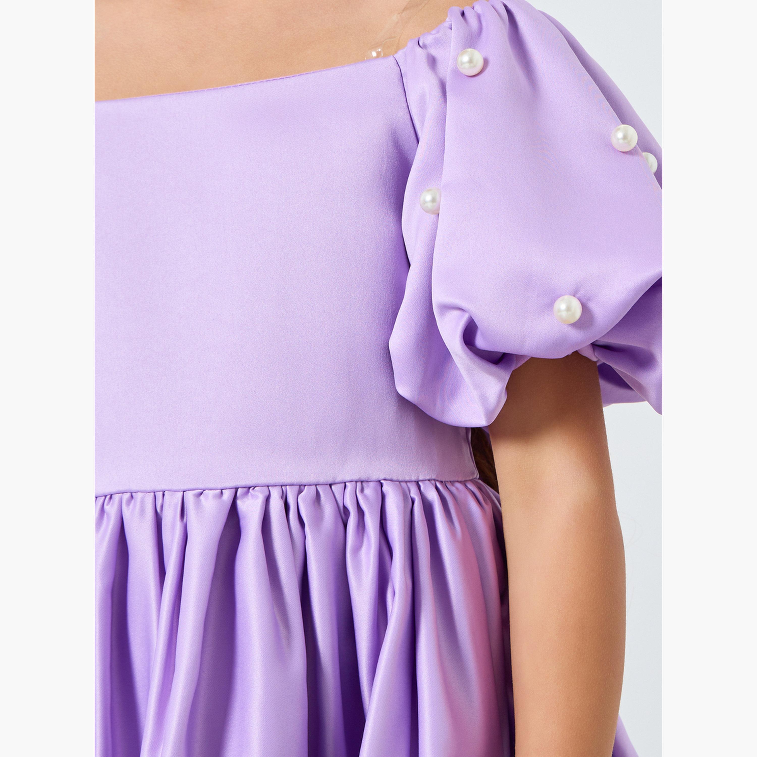 Take Two Girls Purple Satin Puff Sleeve Faux Pearls Detail Dress-girls-clothing-dressesandjumpsuits-image-3