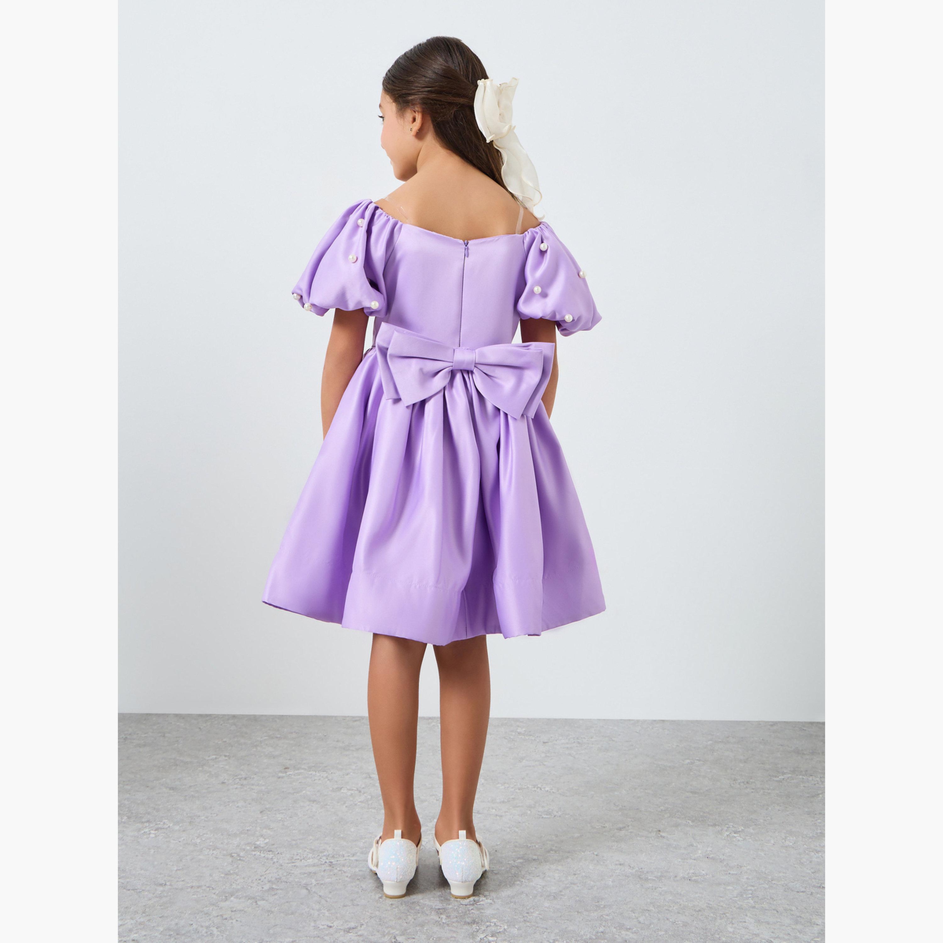 Take Two Girls Purple Satin Puff Sleeve Faux Pearls Detail Dress-girls-clothing-dressesandjumpsuits-image-4