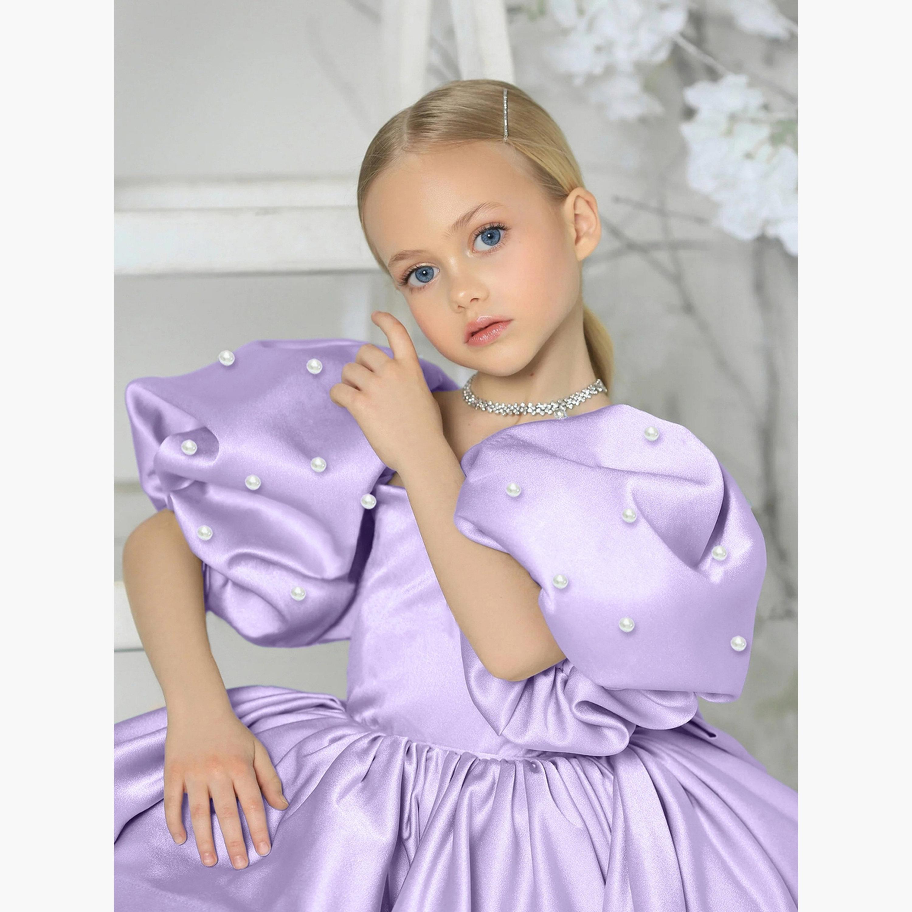 Take Two Girls Purple Satin Puff Sleeve Faux Pearls Detail Dress-girls-clothing-dressesandjumpsuits-image-5
