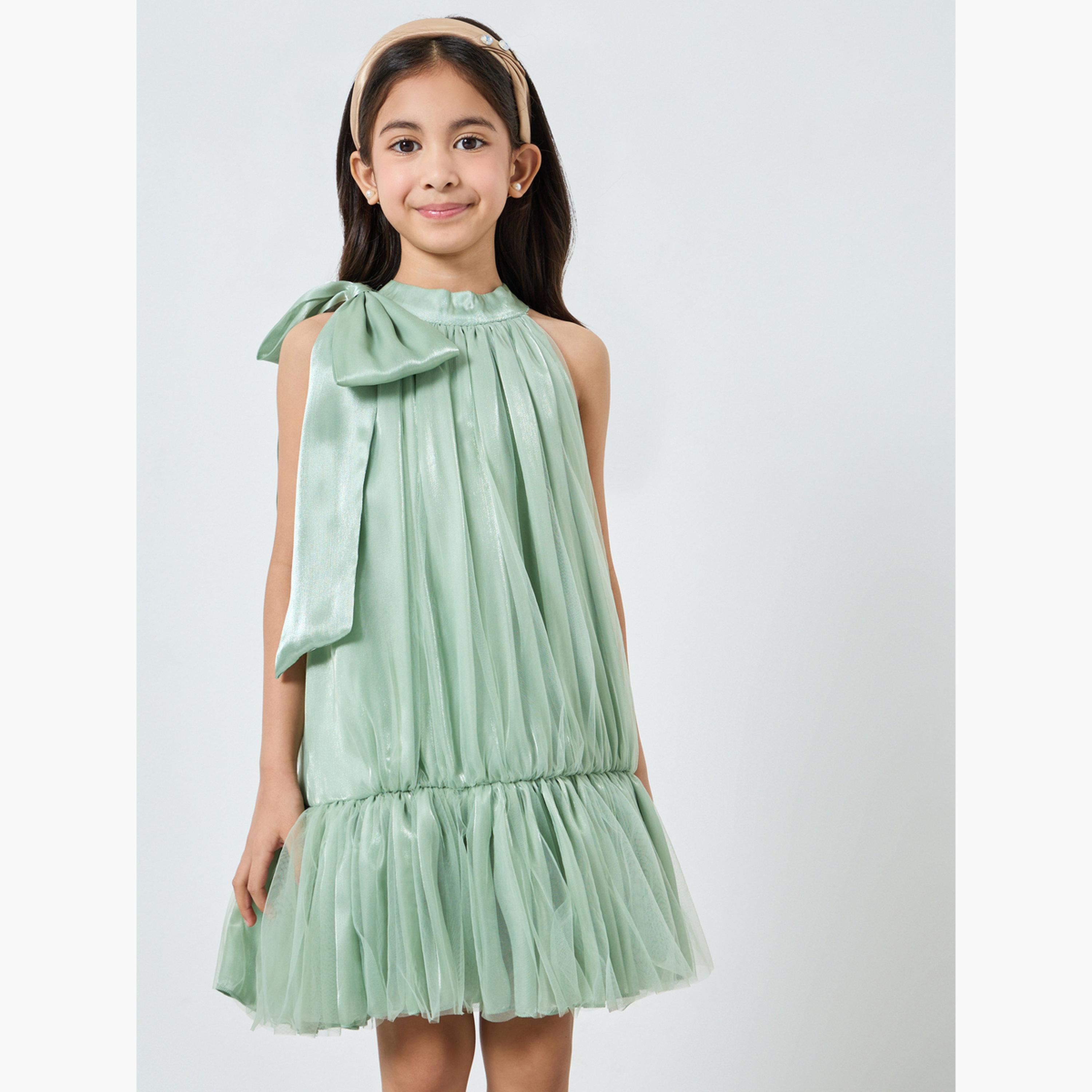 فستان أورجانزا أخضر بتفاصيل فيونكة وحافة مكشكشة-girls-clothing-dressesandjumpsuits-image-1