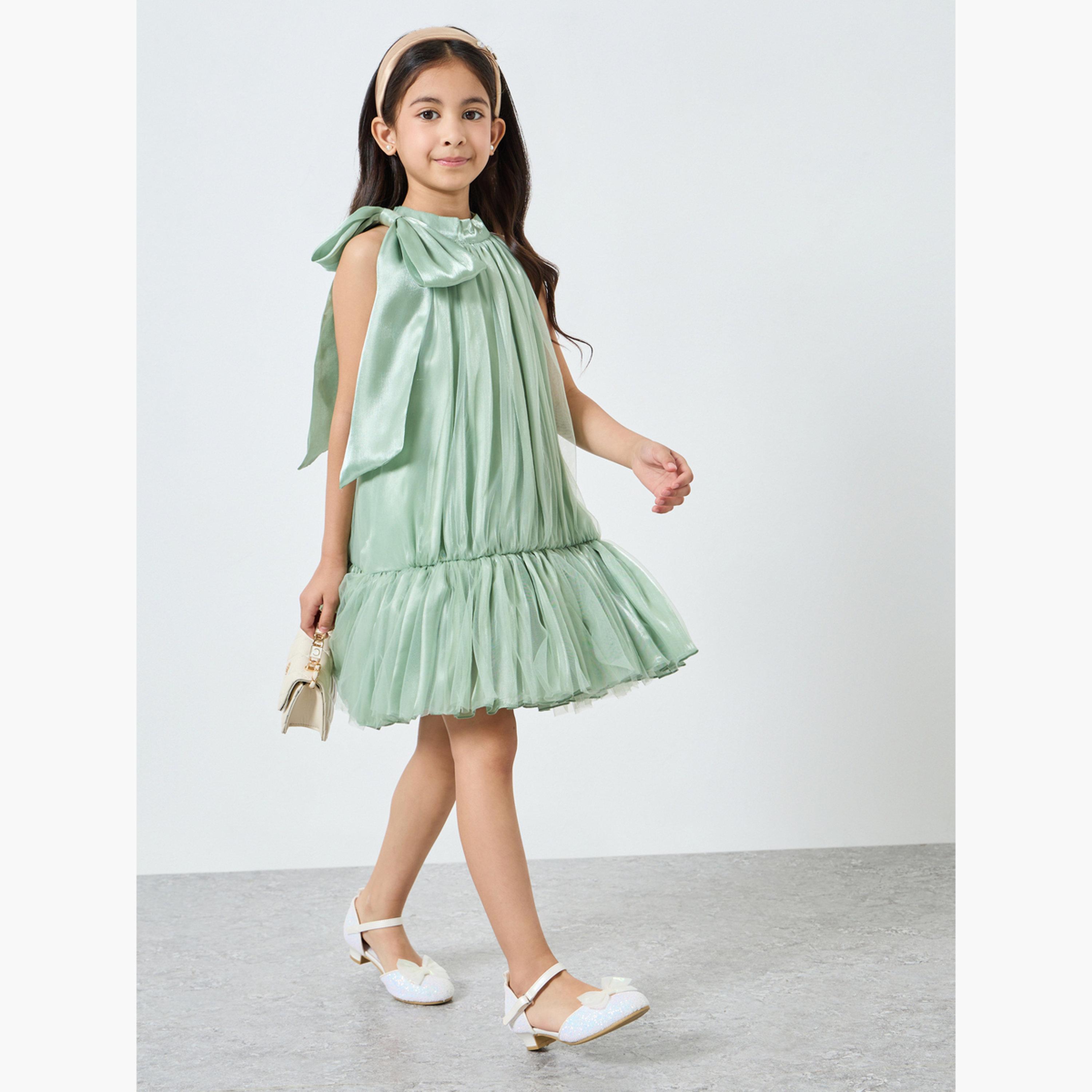 فستان أورجانزا أخضر بتفاصيل فيونكة وحافة مكشكشة-girls-clothing-dressesandjumpsuits-image-2