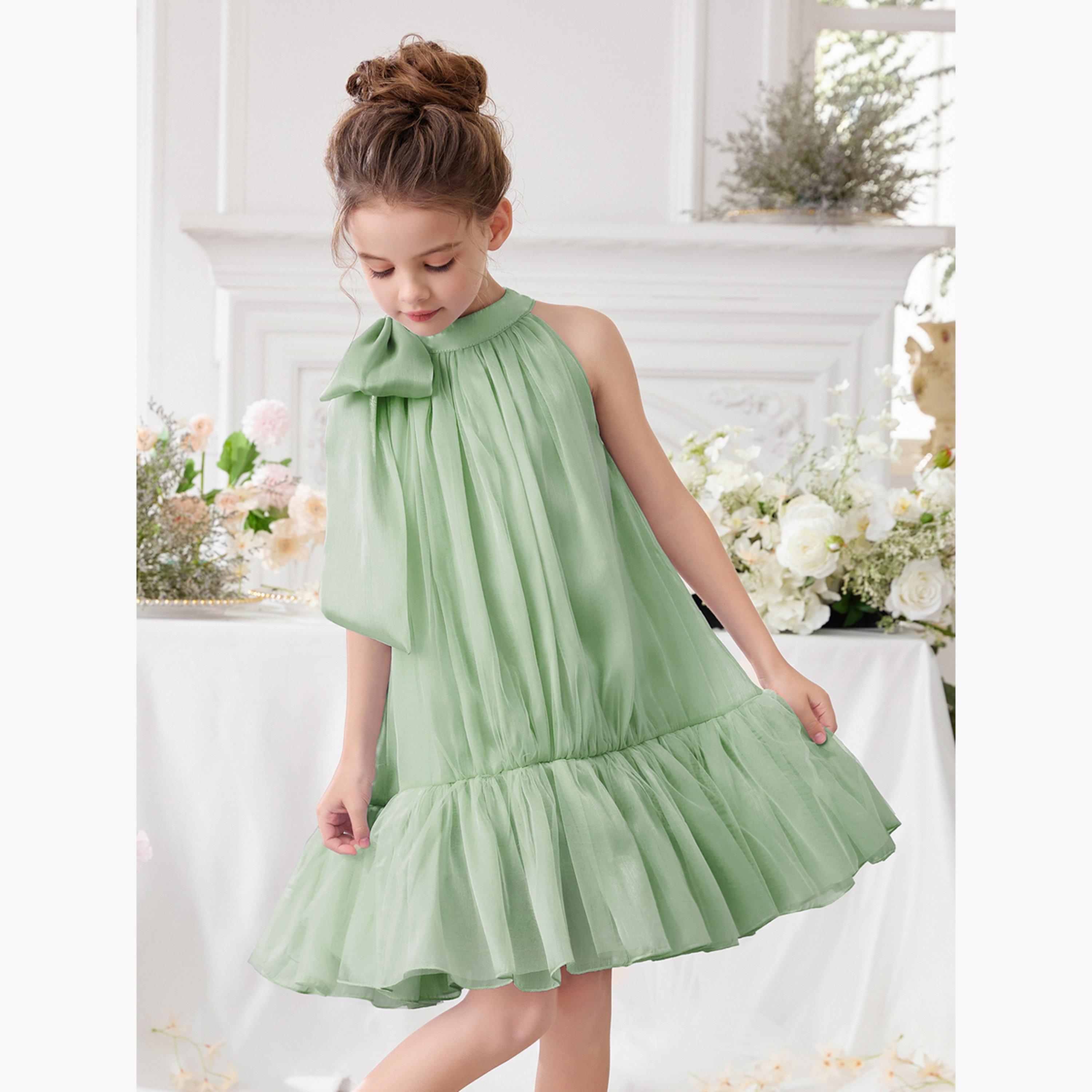 فستان أورجانزا أخضر بتفاصيل فيونكة وحافة مكشكشة-girls-clothing-dressesandjumpsuits-image-5