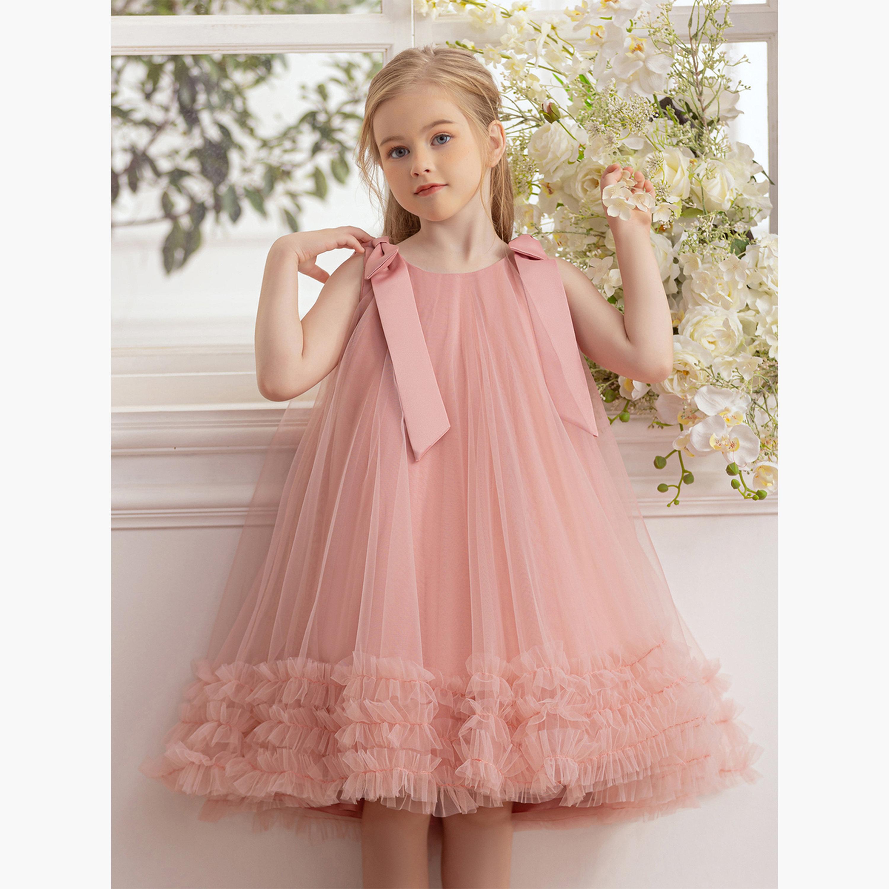 تيك تو - فستان حفلات شبكي بحافة مكشكشة وفيونكة للبنات-girls-clothing-dressesandjumpsuits-image-2