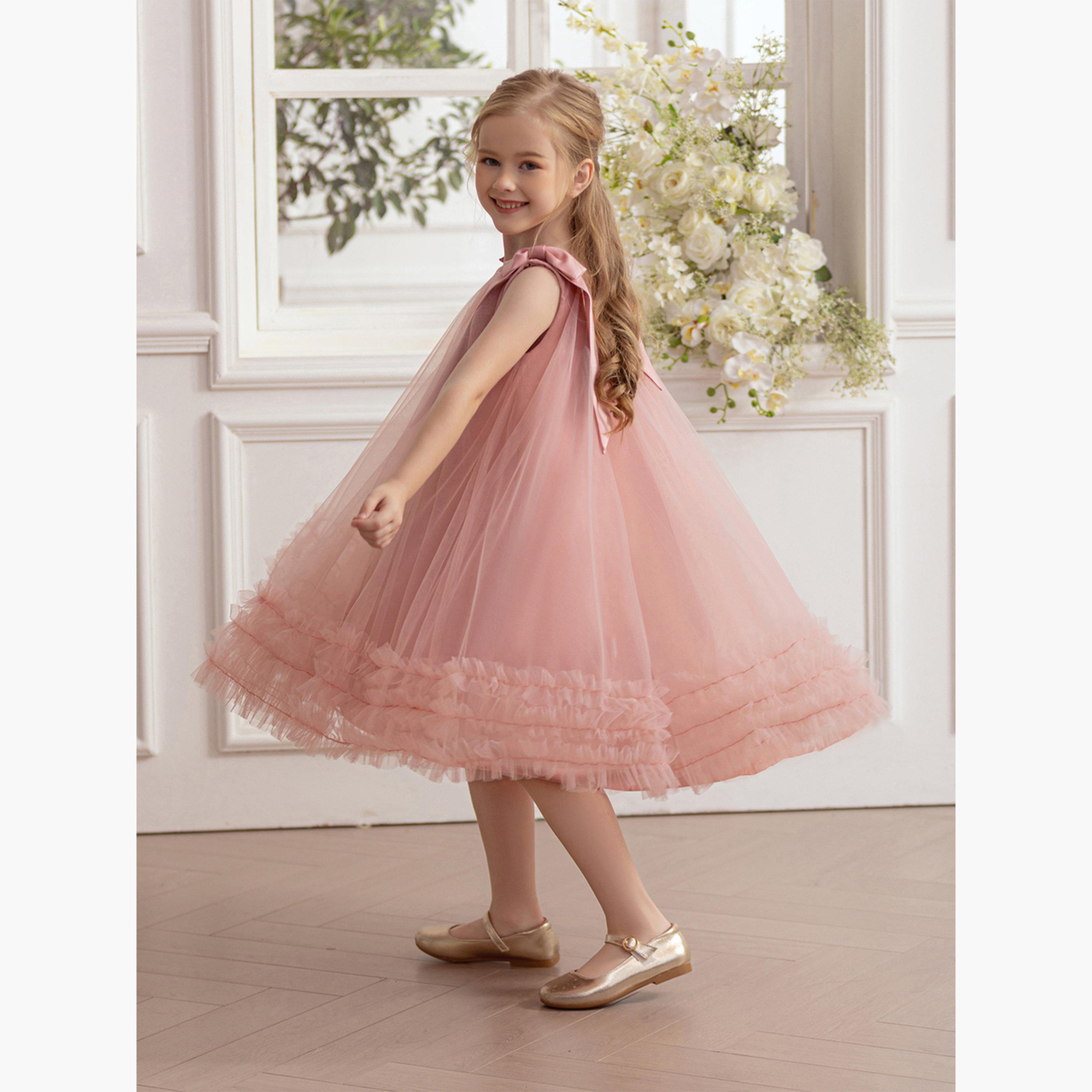تيك تو - فستان حفلات شبكي بحافة مكشكشة وفيونكة للبنات-girls-clothing-dressesandjumpsuits-image-3
