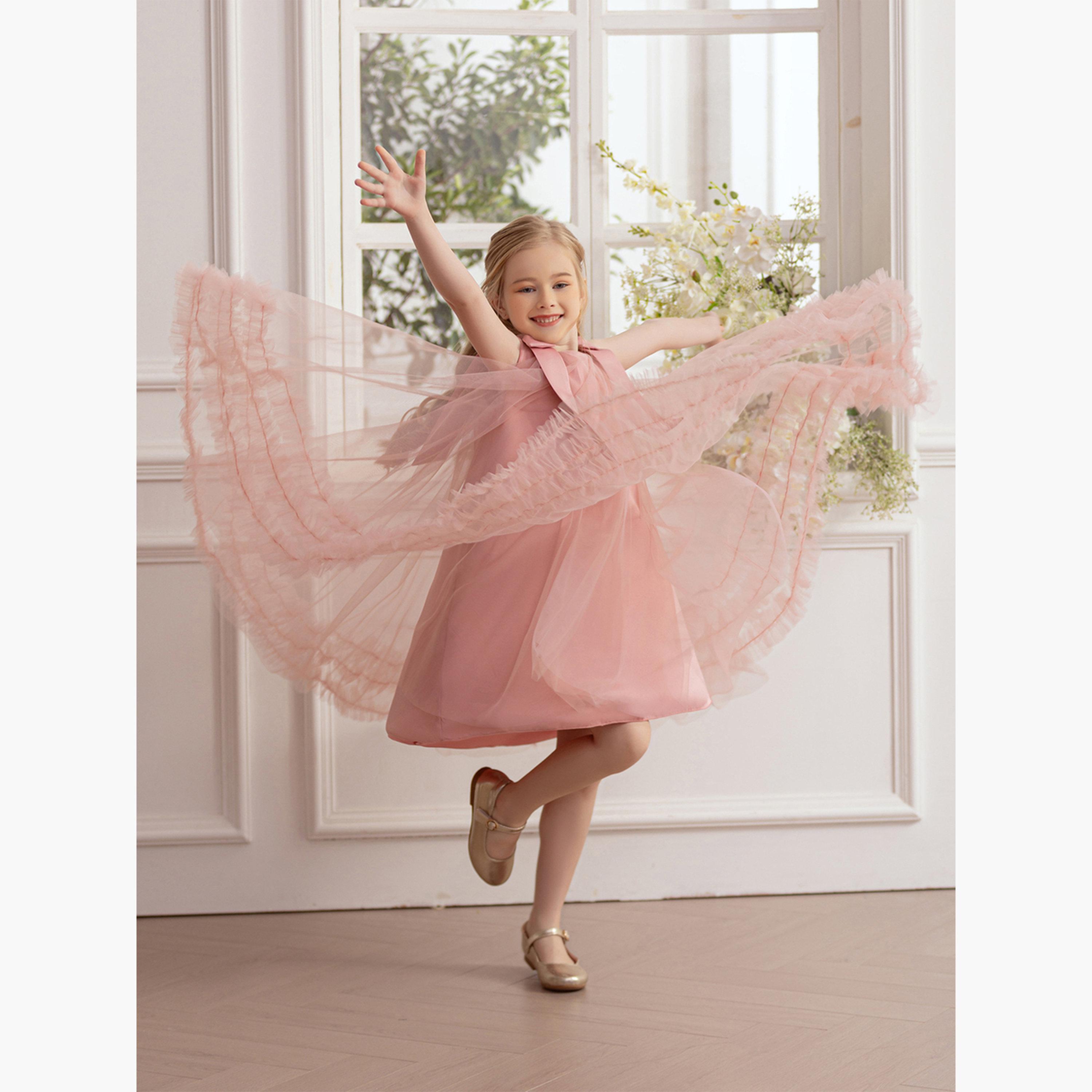 تيك تو - فستان حفلات شبكي بحافة مكشكشة وفيونكة للبنات-girls-clothing-dressesandjumpsuits-image-4
