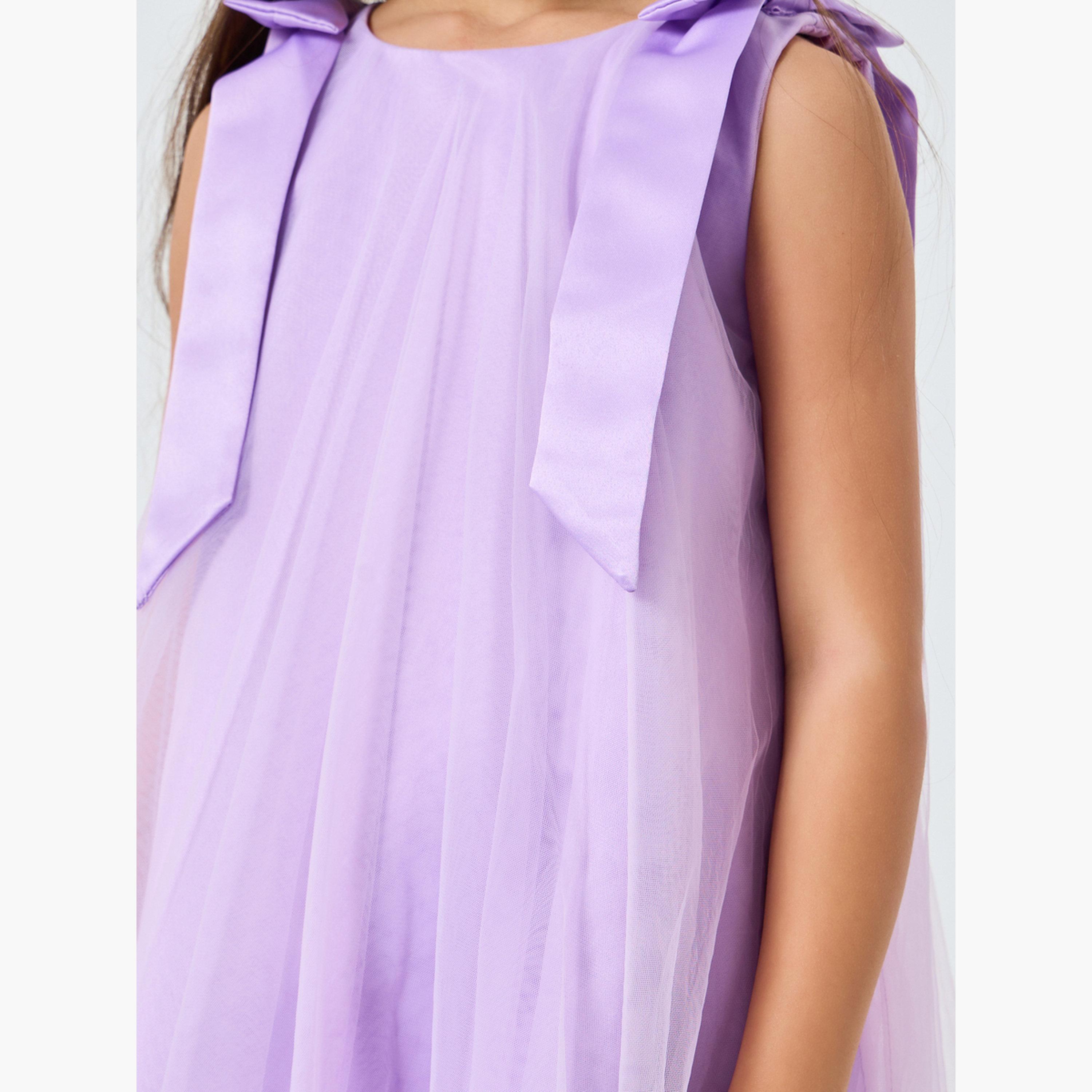فستان سهرة بناتي شبكي بحافة مكشكشة وفيونكة-girls-clothing-dressesandjumpsuits-image-3