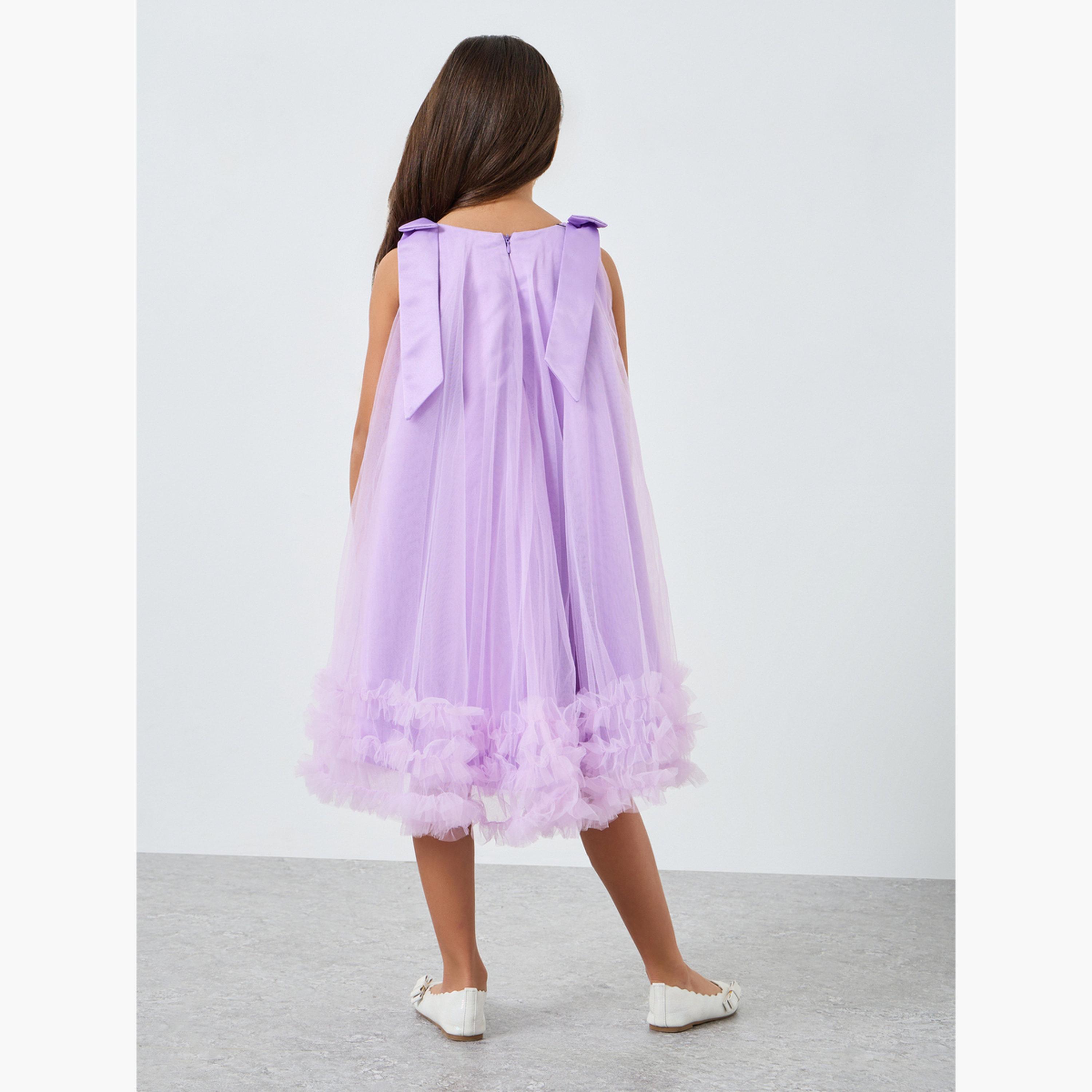 فستان سهرة بناتي شبكي بحافة مكشكشة وفيونكة-girls-clothing-dressesandjumpsuits-image-4