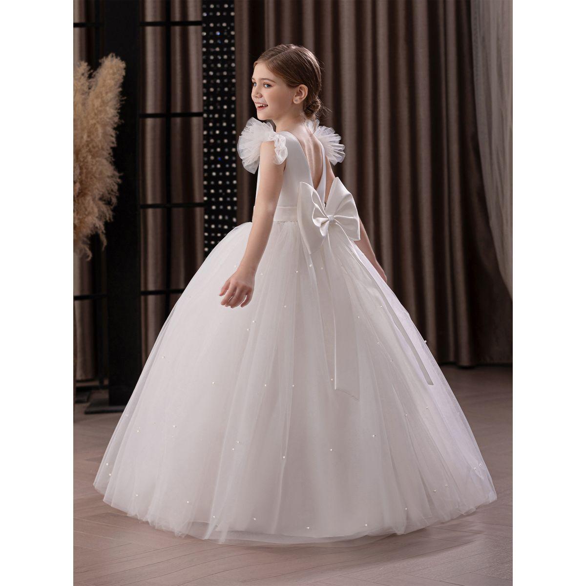 Styli Solid Bow Detail Deep V Back Mesh Party Dress-girls-clothing-dressesandjumpsuits-image-1