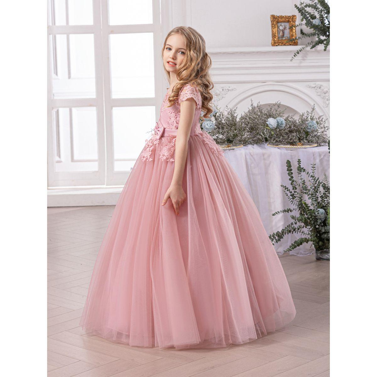 فستان طويل بتفاصيل زهرة مع تداخلات شبكية-girls-clothing-dressesandjumpsuits-image-2