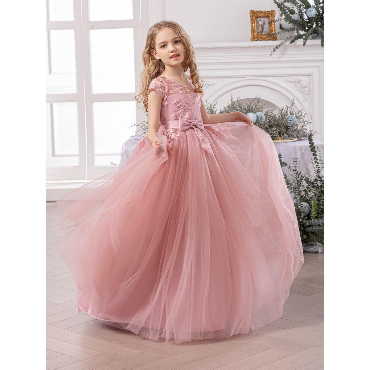 فستان طويل بتفاصيل زهرة مع تداخلات شبكية-girls-clothing-dressesandjumpsuits-image-3