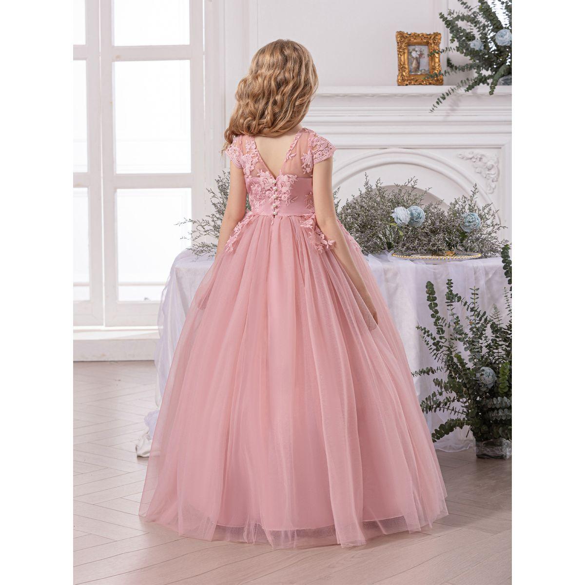 فستان طويل بتفاصيل زهرة مع تداخلات شبكية-girls-clothing-dressesandjumpsuits-image-4