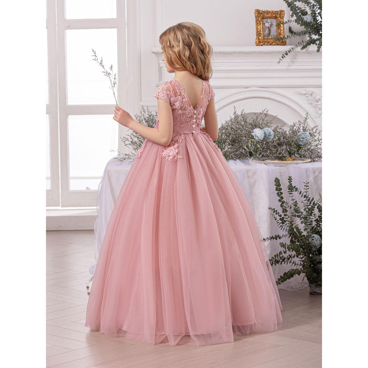فستان طويل بتفاصيل زهرة مع تداخلات شبكية-girls-clothing-dressesandjumpsuits-image-5