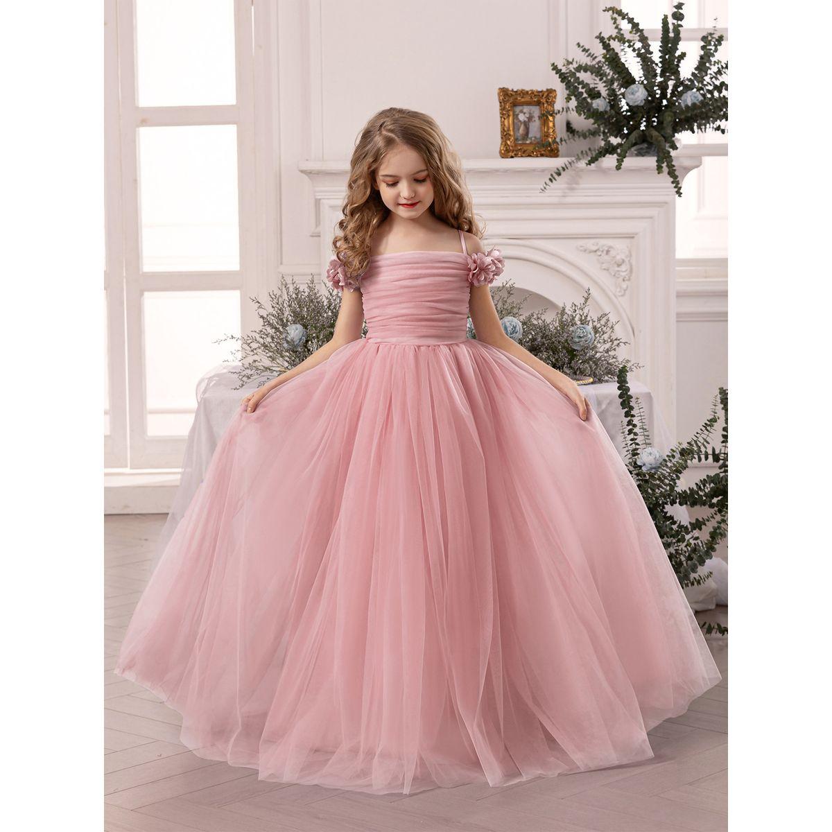 Styli Girls Pink Ruching Detail Mesh Party Dress-girls-clothing-dressesandjumpsuits-image-2