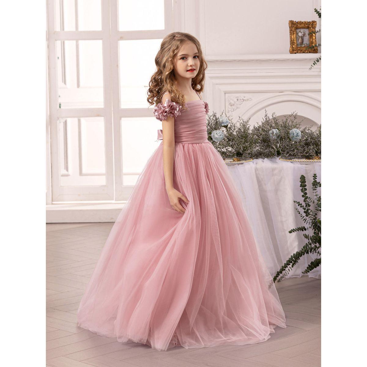Styli Girls Pink Ruching Detail Mesh Party Dress-girls-clothing-dressesandjumpsuits-image-4