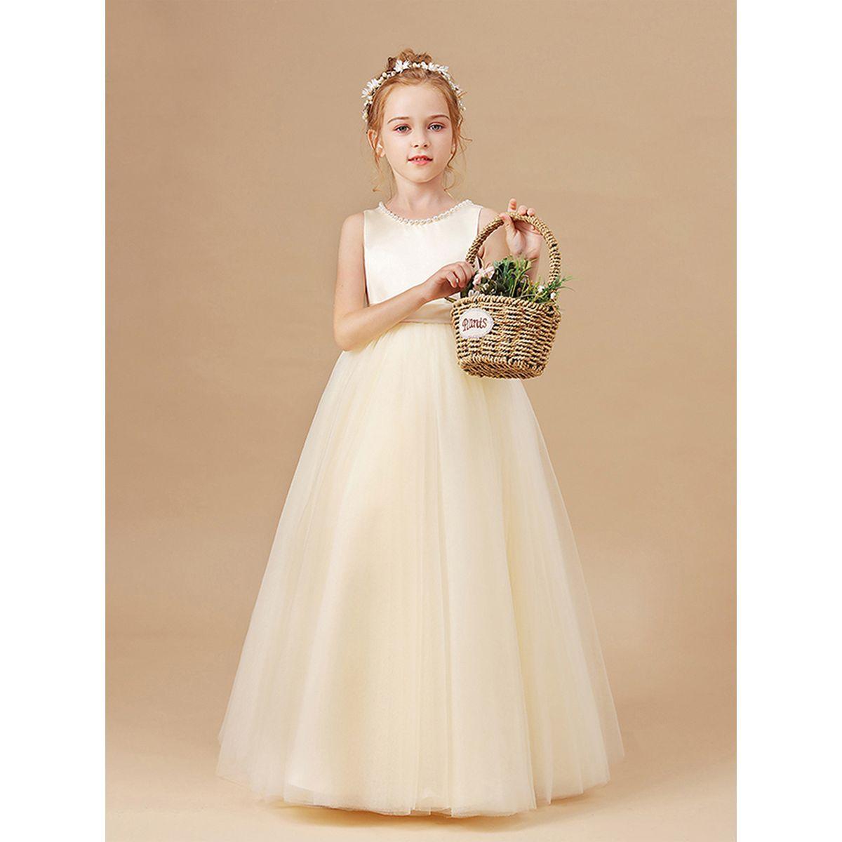 Styli Girls Beige Pearl Decor Deep V-Back Party Dress-girls-clothing-dressesandjumpsuits-image-2