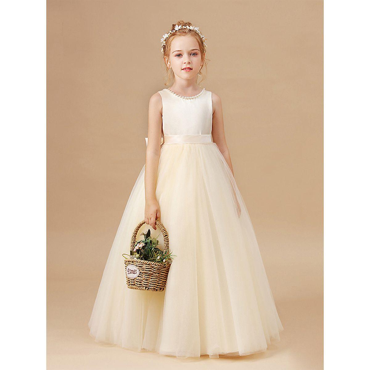 Styli Girls Beige Pearl Decor Deep V-Back Party Dress-girls-clothing-dressesandjumpsuits-image-5
