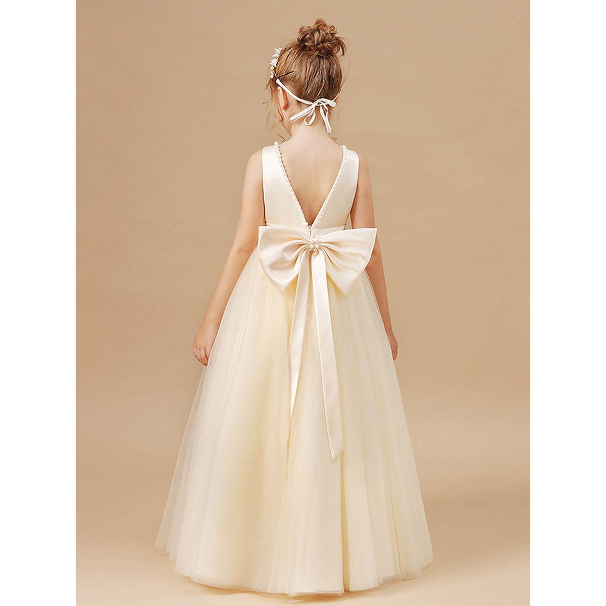 Styli Girls Beige Pearl Decor Deep V-Back Party Dress-girls-clothing-dressesandjumpsuits-image-6