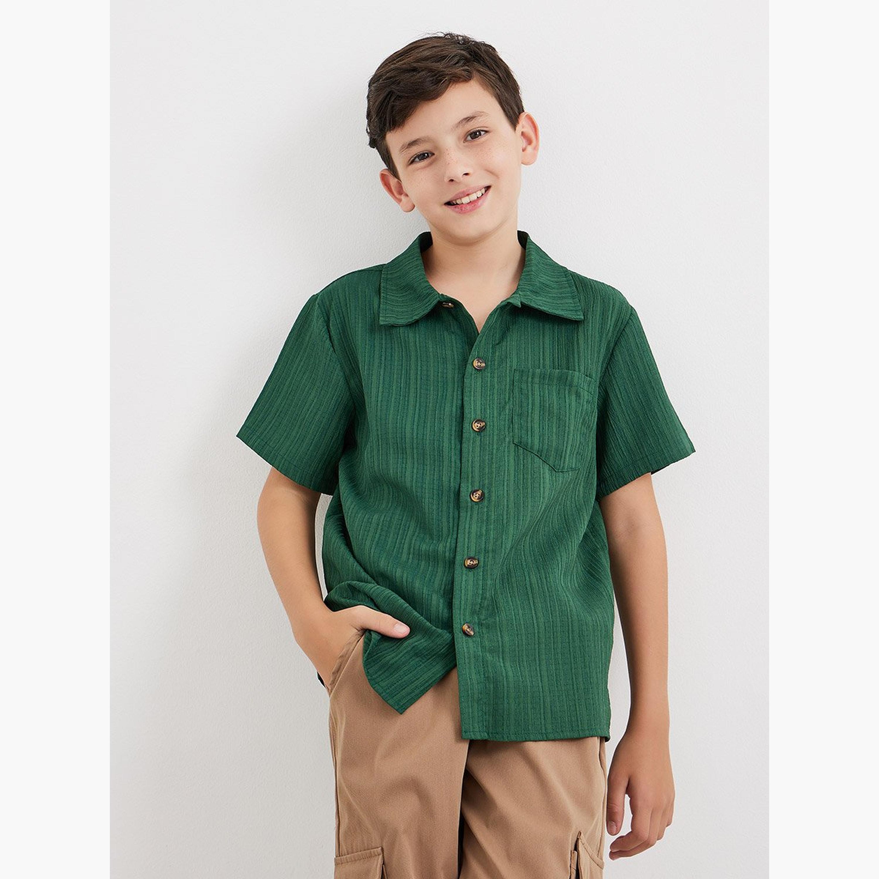 Styli Green Textured Shirt with Buttons-boys-clothing-shirts-image-1