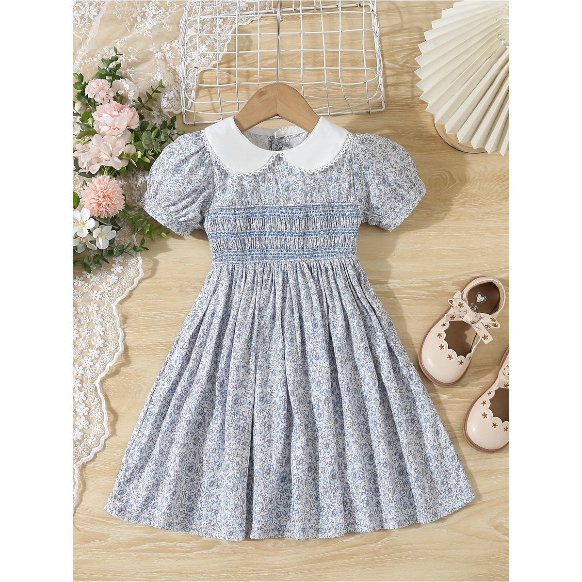 Styli Girls Blue Cotton Floral Peter Pan Collar Dress-girls-clothing-dressesandjumpsuits-image-1