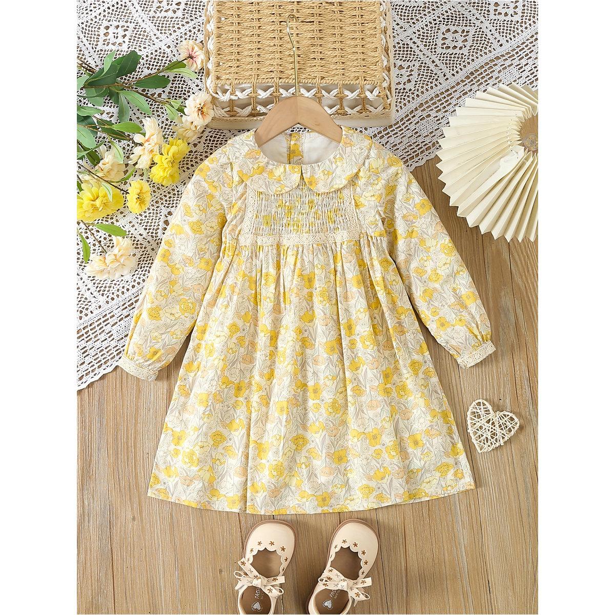 Styli Girls Yellow Cotton Floral Peter Pan Collar Dress-girls-clothing-dressesandjumpsuits-image-1