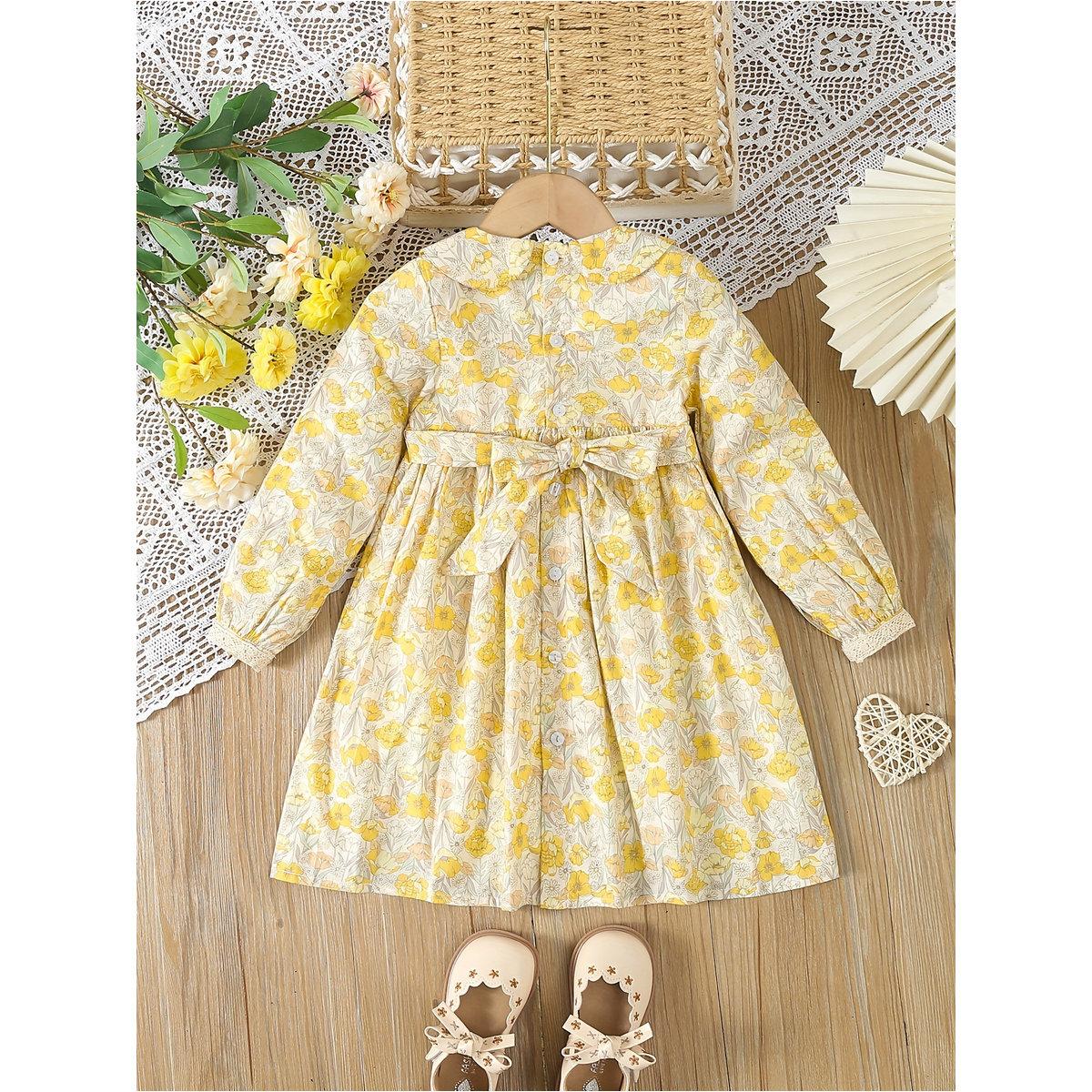 Styli Girls Yellow Cotton Floral Peter Pan Collar Dress-girls-clothing-dressesandjumpsuits-image-2