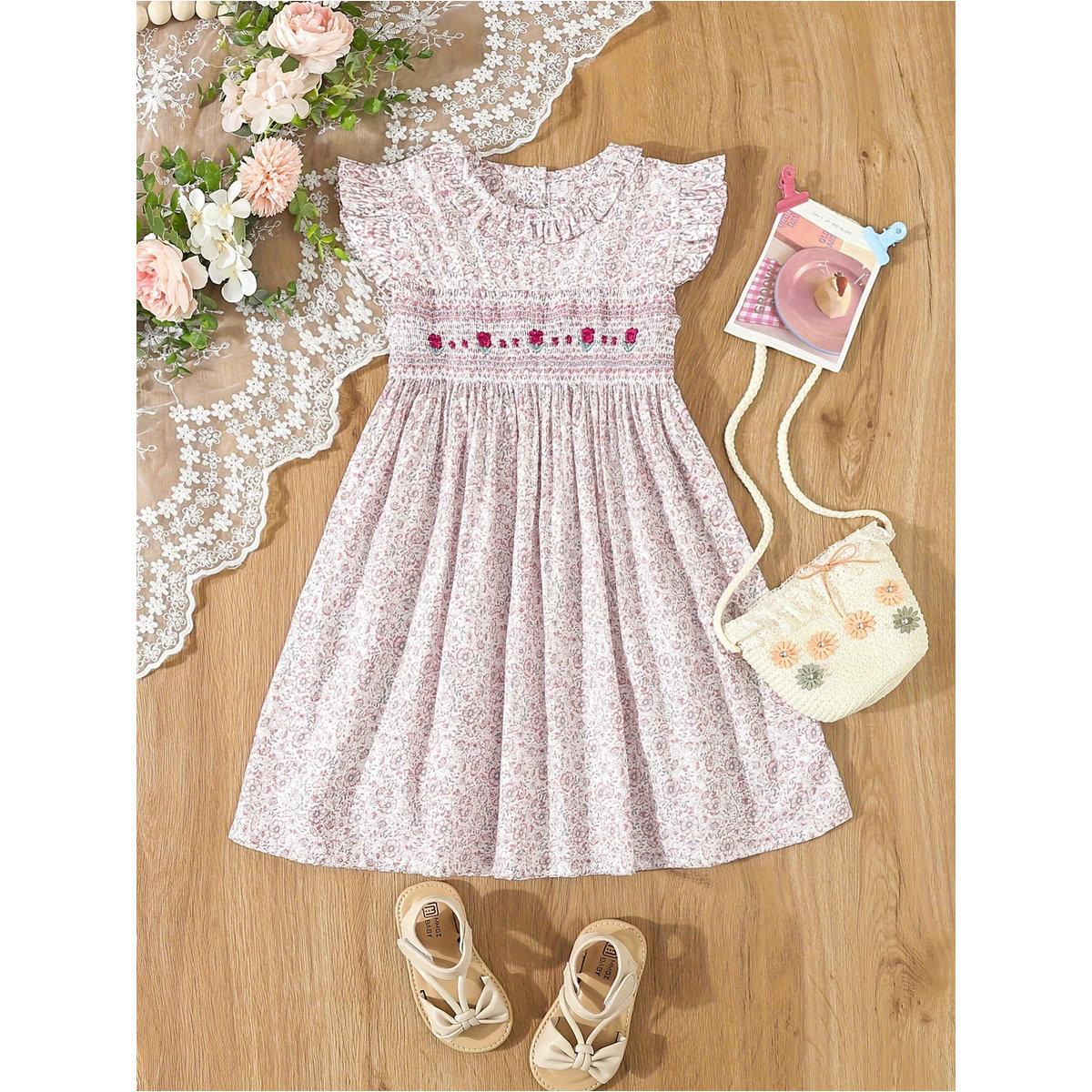 فستان بطبعة زهور وتفاصيل مُجمعة-girls-clothing-dressesandjumpsuits-image-1