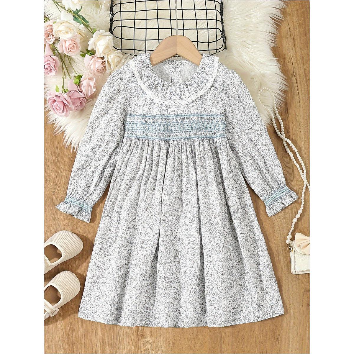 Styli Girls Blue Floral Print Cotton Smocked Detail Dress-girls-clothing-dressesandjumpsuits-image-1