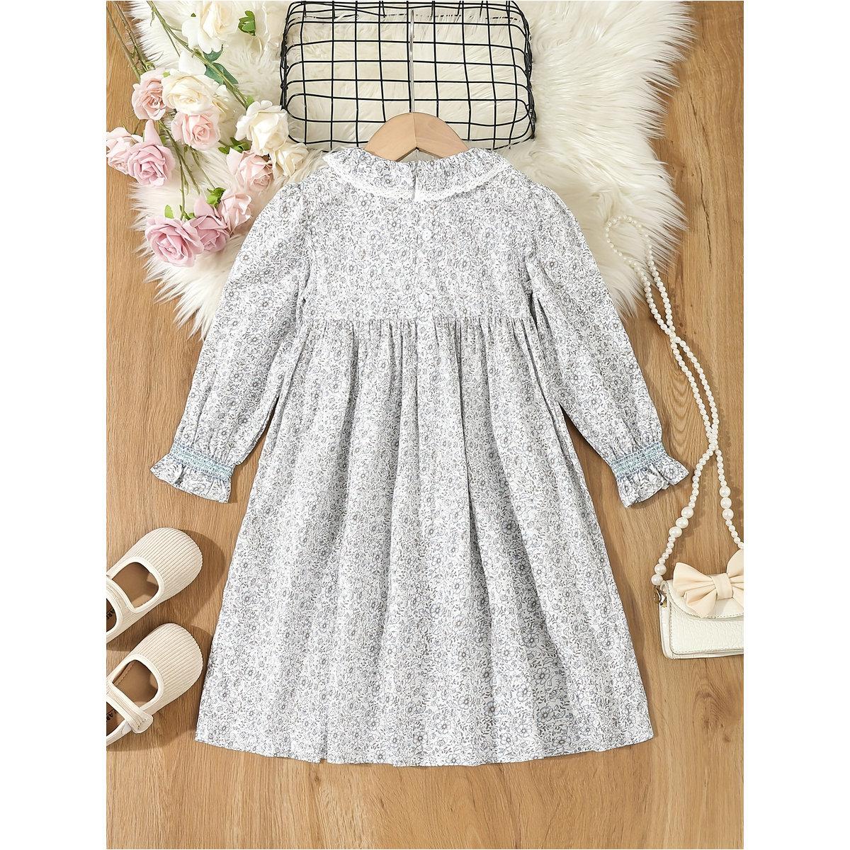 Styli Girls Blue Floral Print Cotton Smocked Detail Dress-girls-clothing-dressesandjumpsuits-image-2