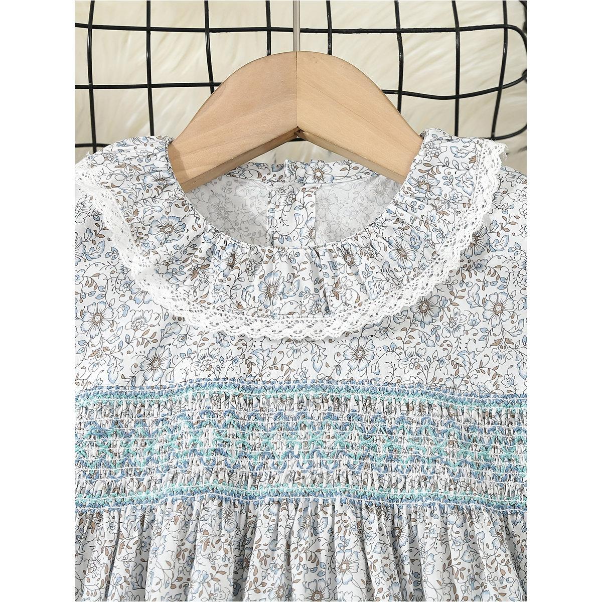 Styli Girls Blue Floral Print Cotton Smocked Detail Dress-girls-clothing-dressesandjumpsuits-image-3