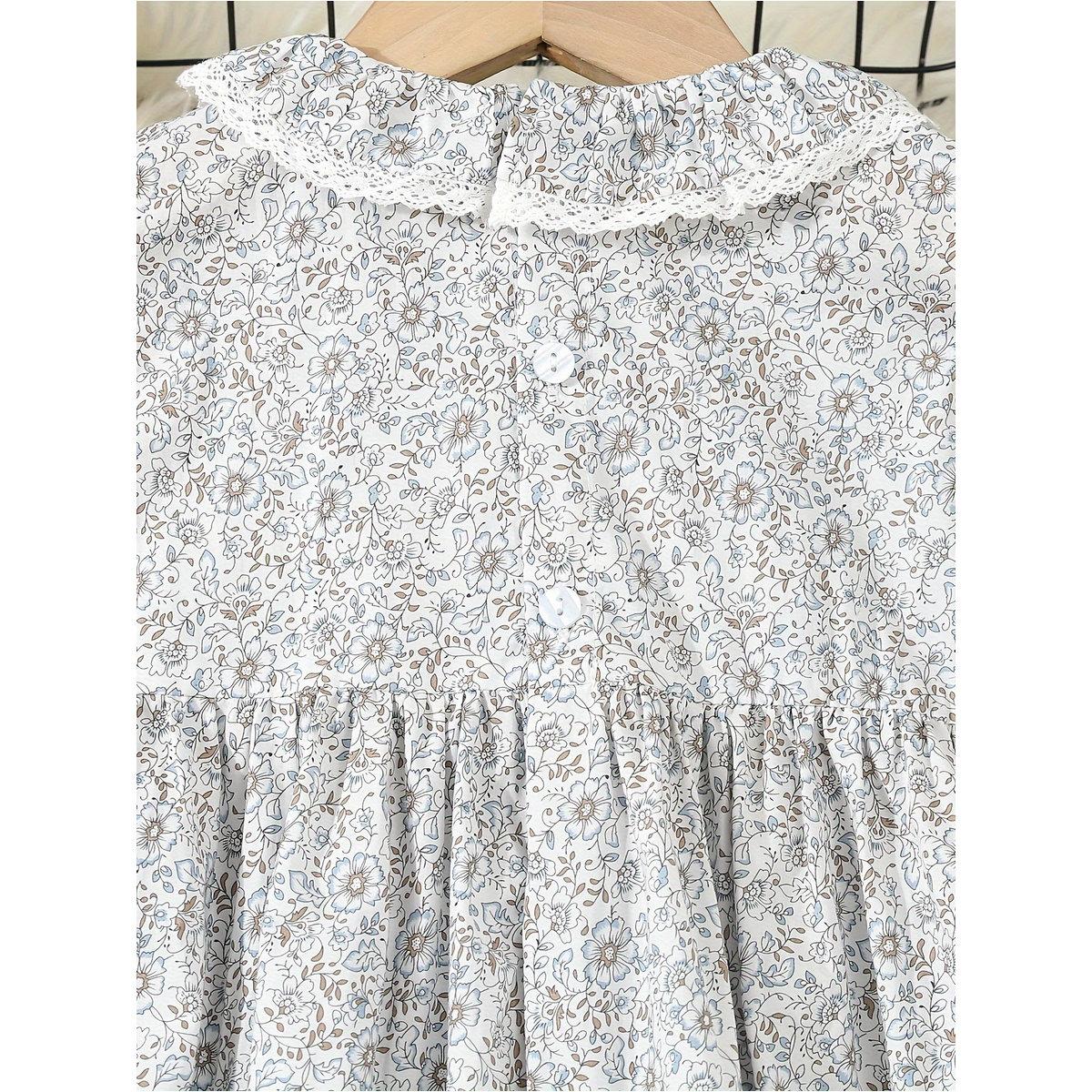 Styli Girls Blue Floral Print Cotton Smocked Detail Dress-girls-clothing-dressesandjumpsuits-image-6