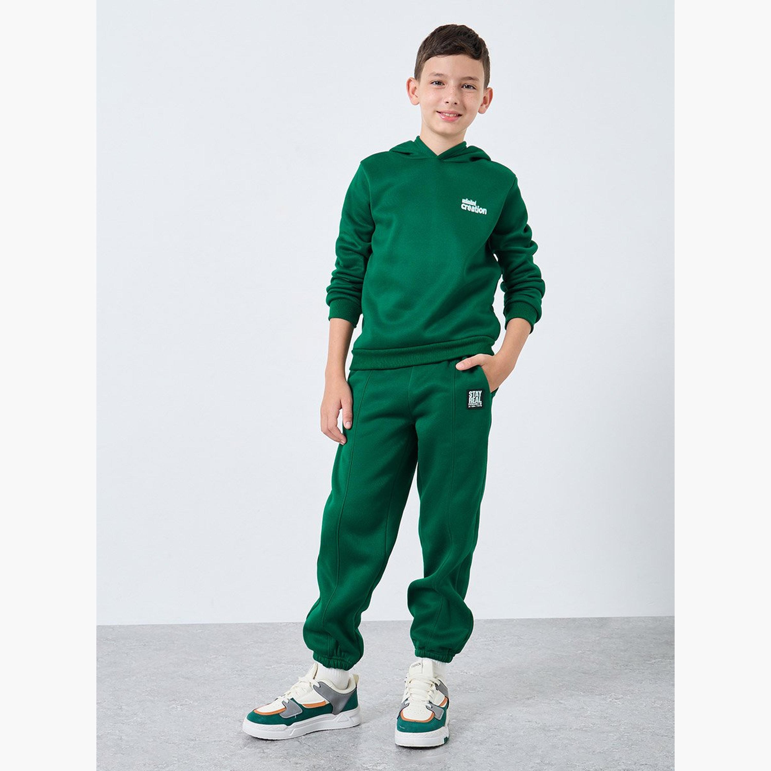 Styli Teen Dark Green Slogan Hoodie and Joggers Set-boys-clothing-setsandcoords-image-1