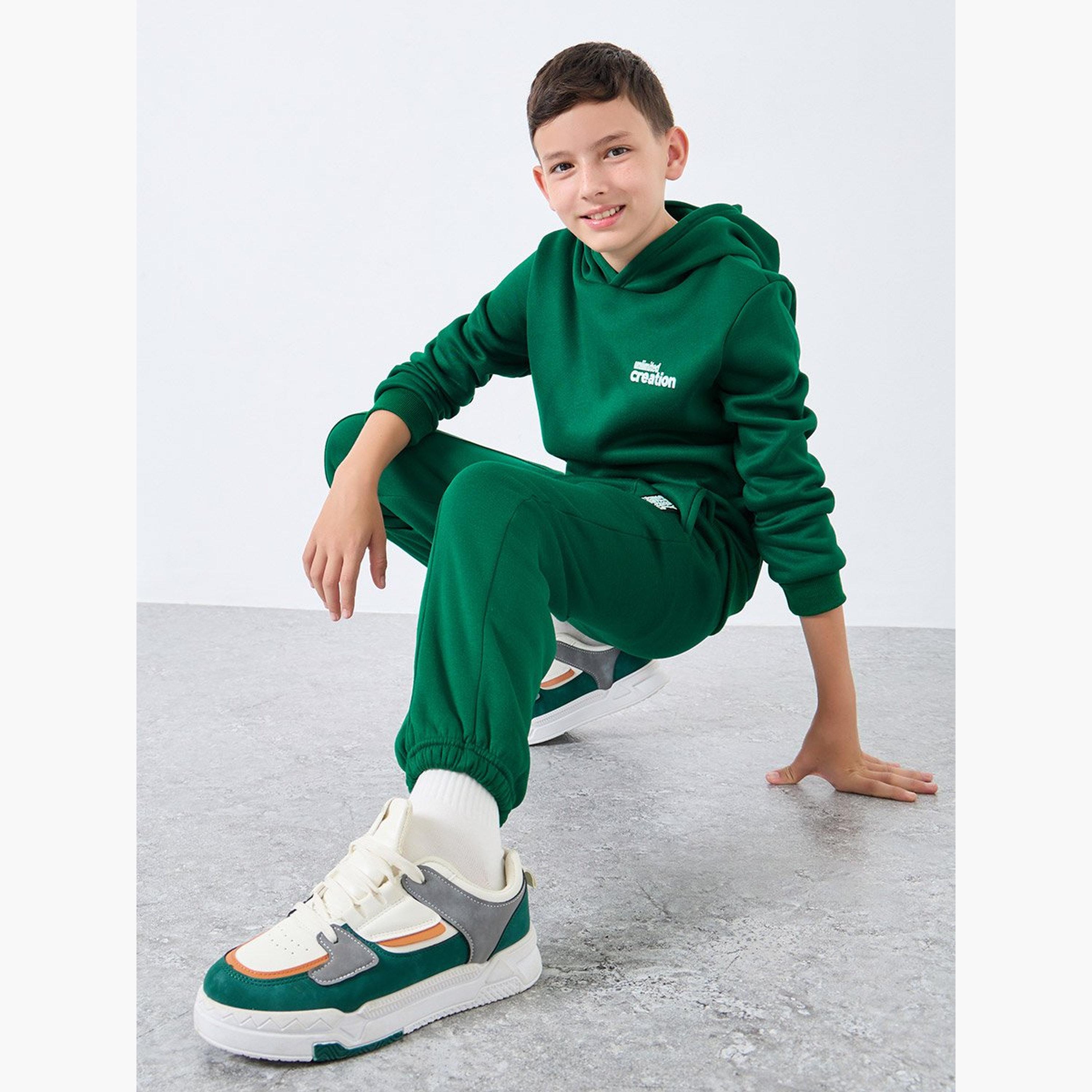 Styli Teen Dark Green Slogan Hoodie and Joggers Set-boys-clothing-setsandcoords-image-2