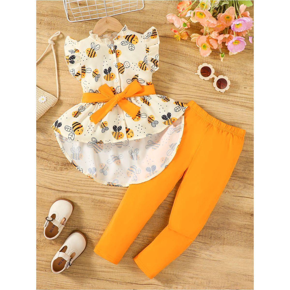 Styli Girls Bee Print Bow Decor Top and Leggings Set-girls-clothing-setsandcoords-image-1
