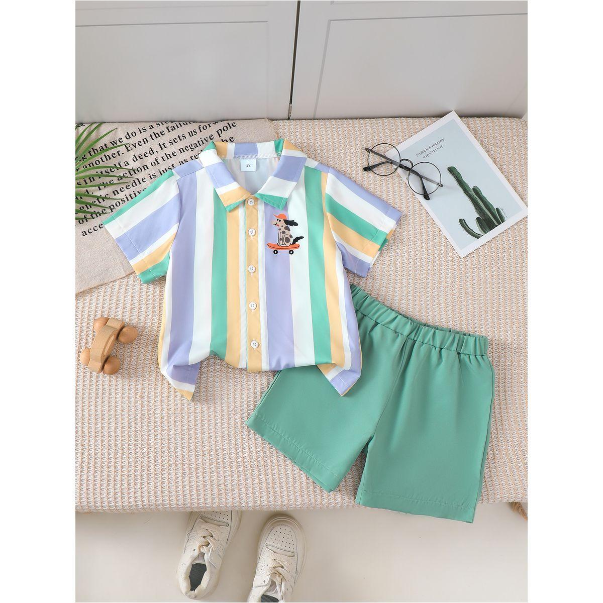 Styli Boys Striped Button Front T-Shirt and Shorts Set-boys-clothing-setsandcoords-image-1