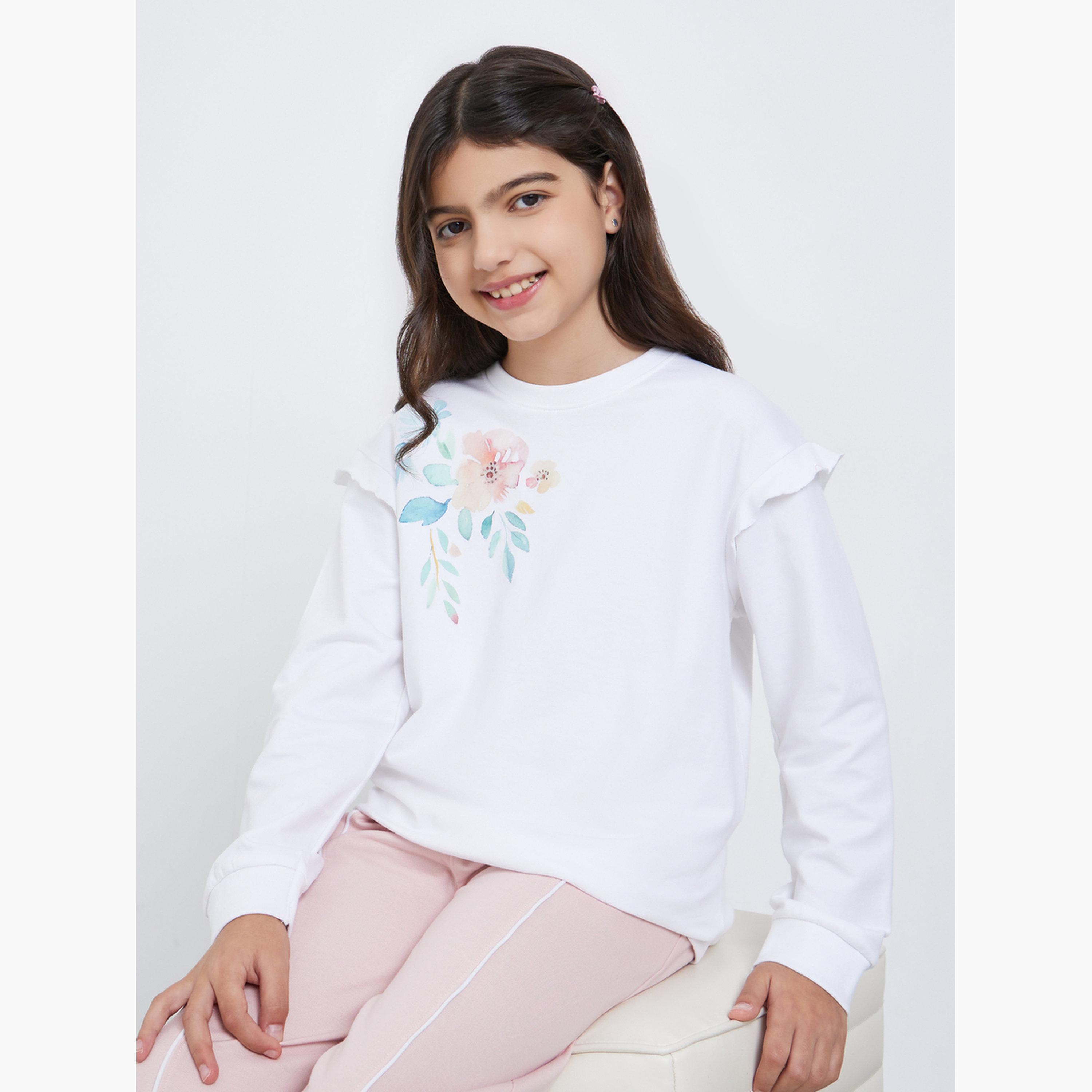 ستايلي - سويت شيرت أبيض بطبعة زهور للمراهقين-girls-clothing-winterwear-sweatshirts-image-1