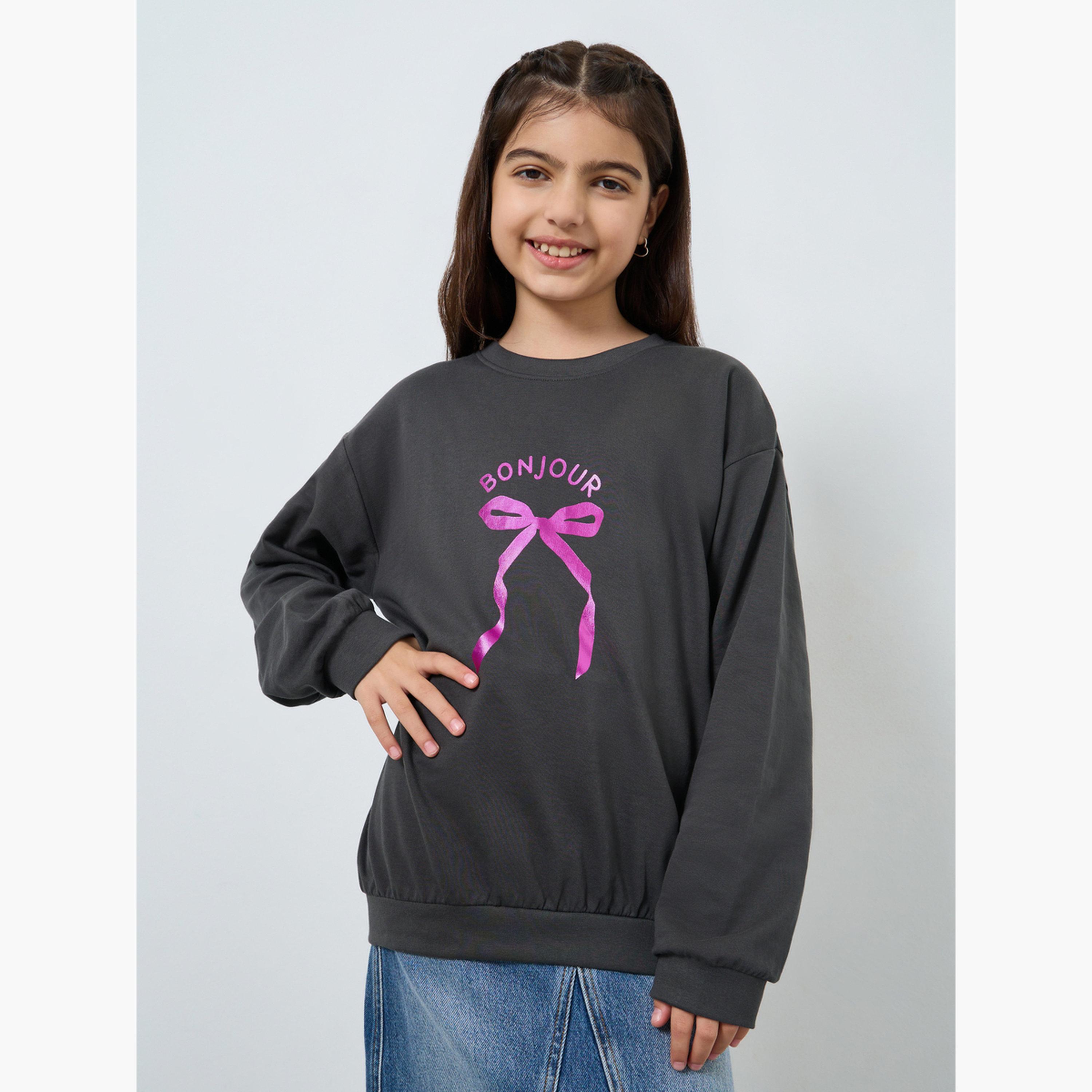 Styli Girls Grey Printed Sweatshirt-girls-clothing-winterwear-sweatshirts-image-1