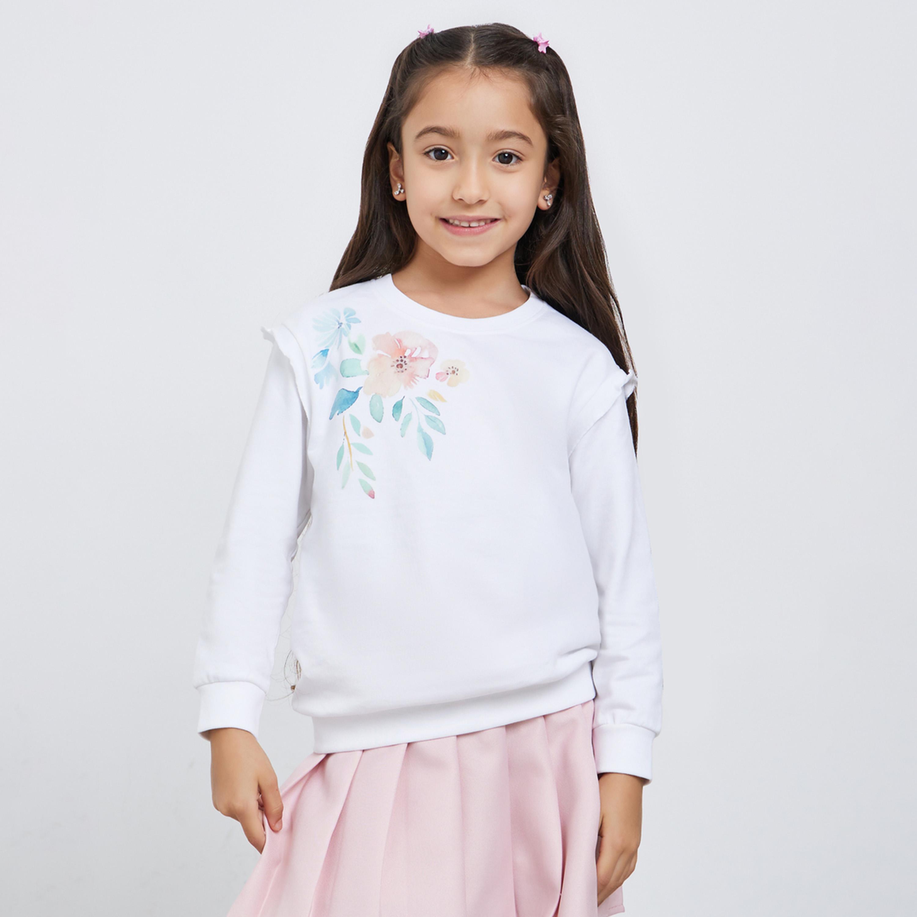 ستايلي - سويت شيرت أبيض بطبعة زهور للبنات-girls-clothing-winterwear-sweatshirts-image-1