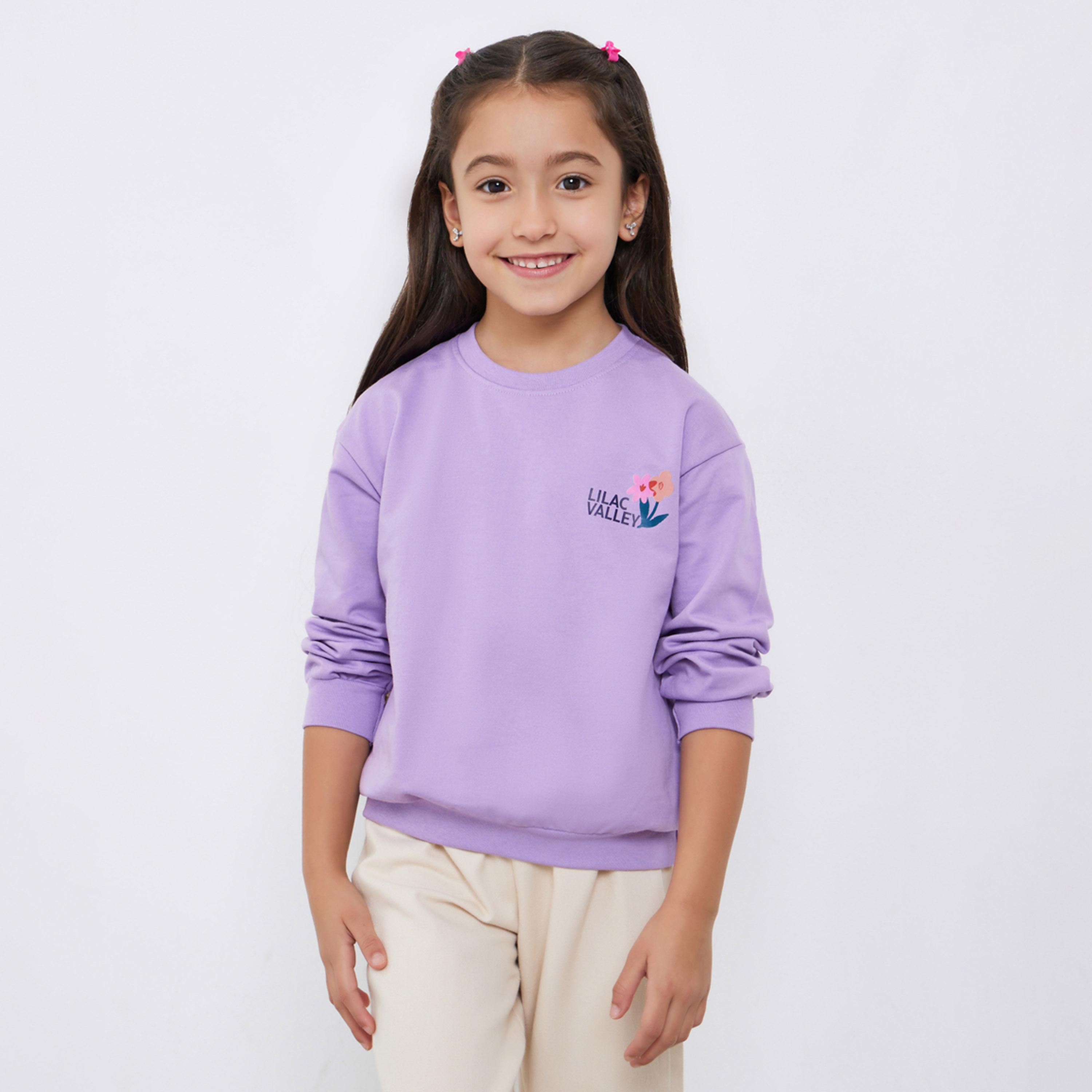 ستايلي - سويت شيرت قطني بطبعة زهور بنفسجية للبنات-girls-clothing-sweatshirts-image-1