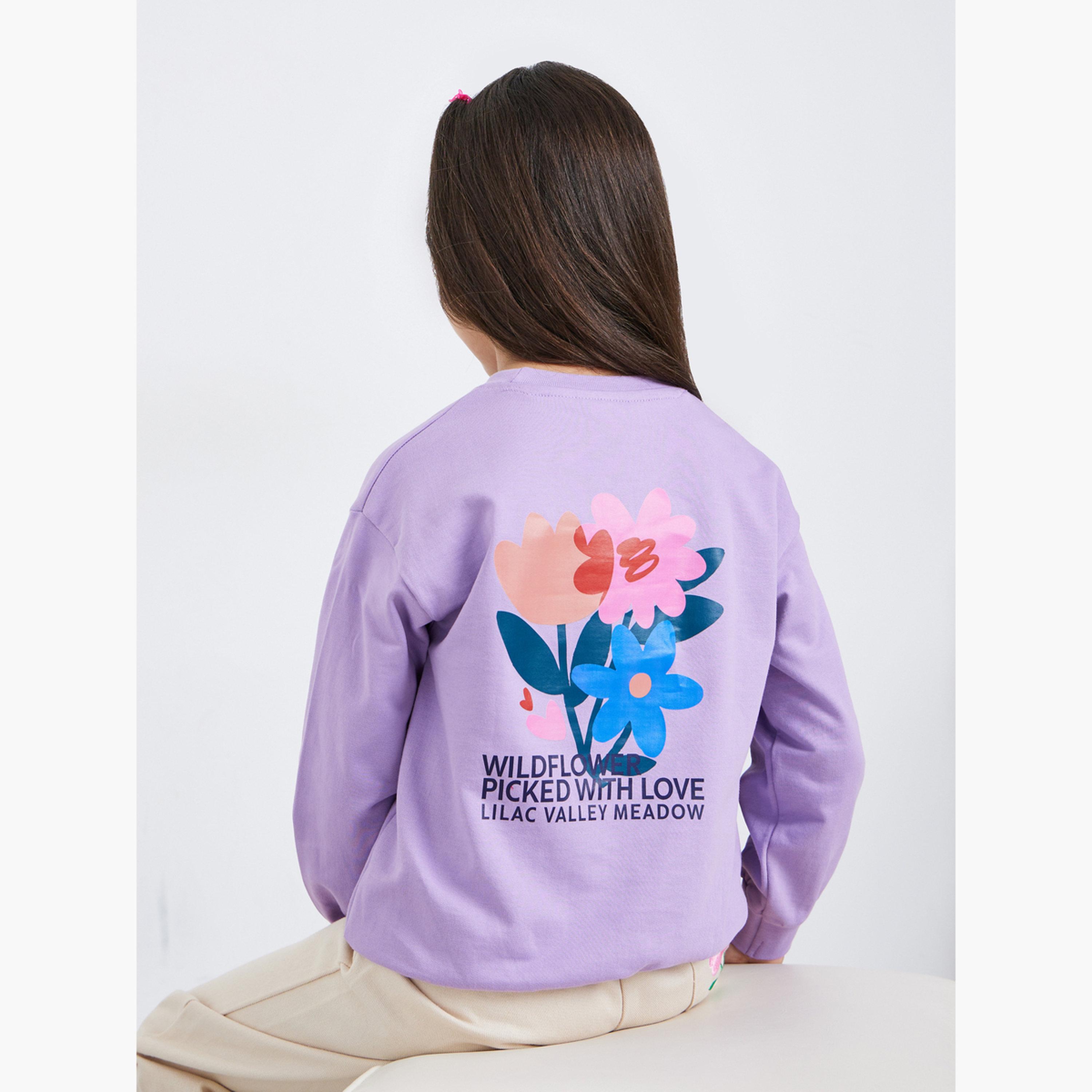 ستايلي - سويت شيرت قطني بطبعة زهور بنفسجية للبنات-girls-clothing-sweatshirts-image-3