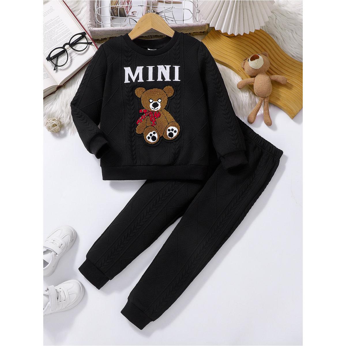 Styli Black Textured Bear Patchwork Sweatshirt and Joggers Set-girls-clothing-setsandcoords-image-1