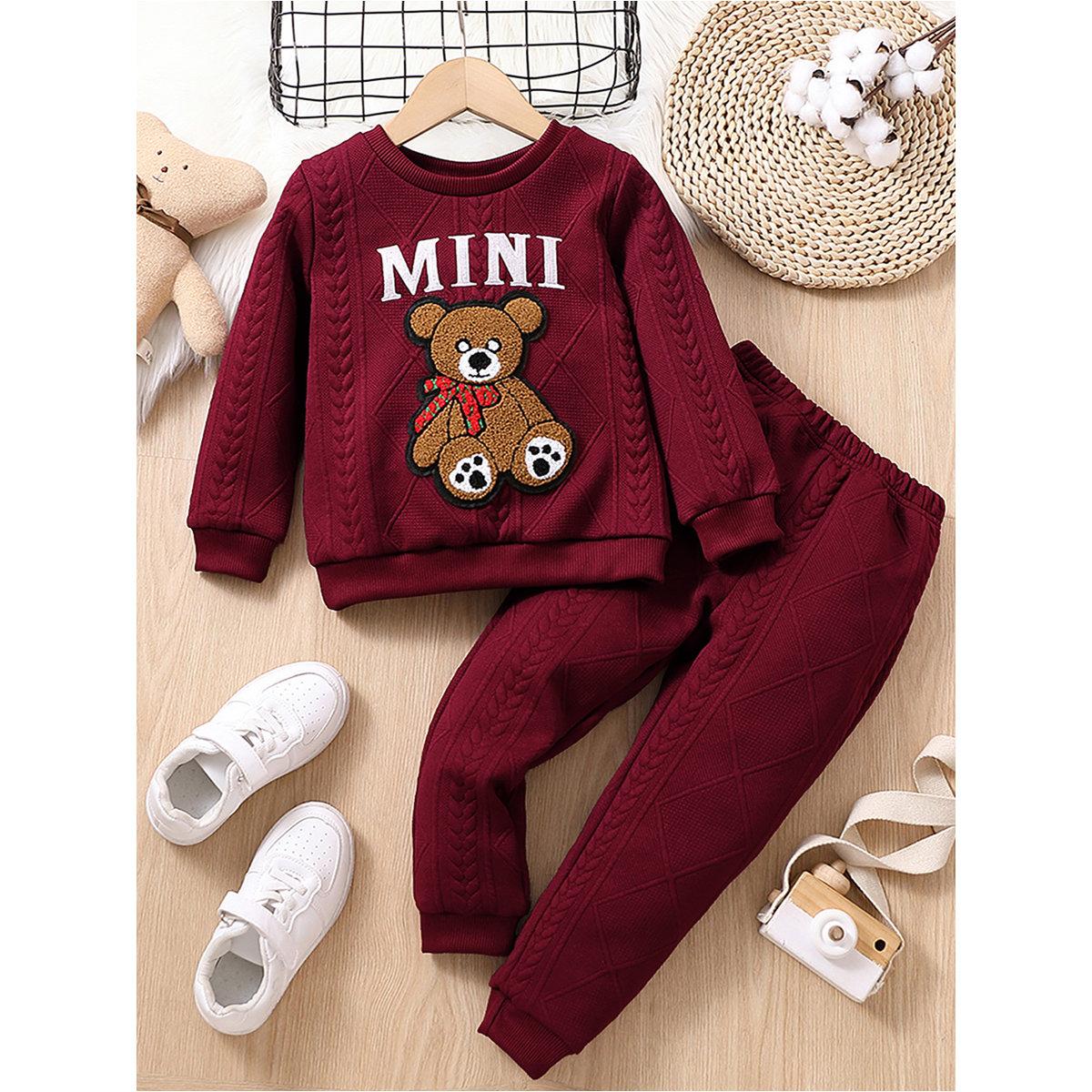 Styli Burgundy Textured Bear Patchwork Sweatshirt and Joggers Set-girls-clothing-setsandcoords-image-1