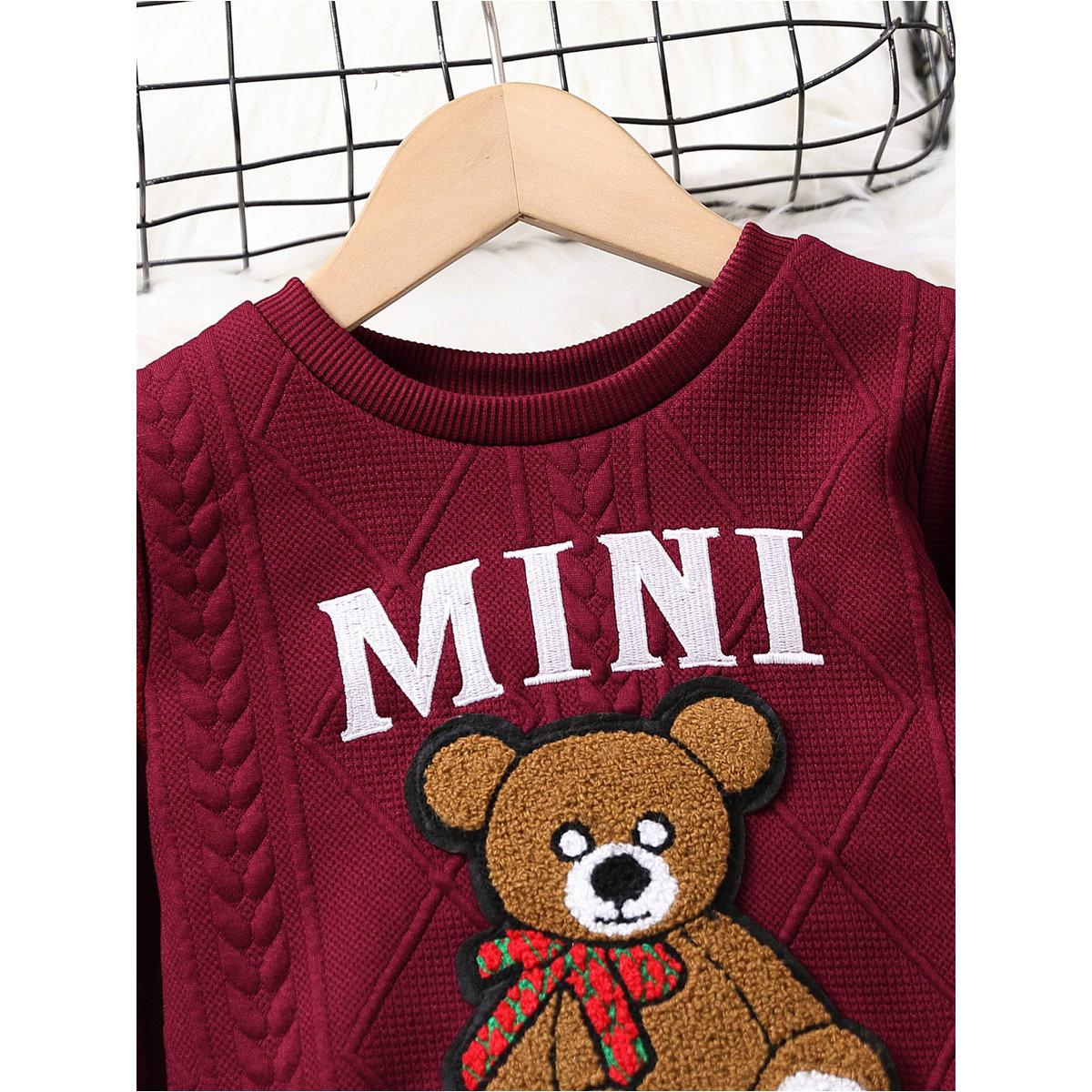 Styli Burgundy Textured Bear Patchwork Sweatshirt and Joggers Set-girls-clothing-setsandcoords-image-2