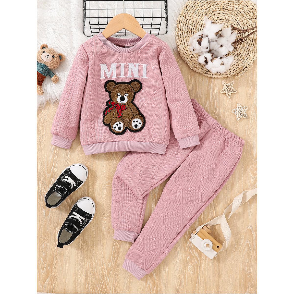 Styli Pink Textured Bear Patchwork Sweatshirt and Joggers Set-girls-clothing-setsandcoords-image-1