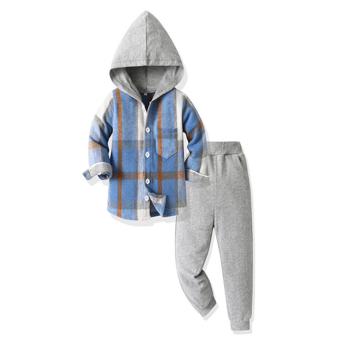 Take Two Boys Blue Checked Hooded Shirt and Jogger Set-boys-clothing-setsandcoords-image-1