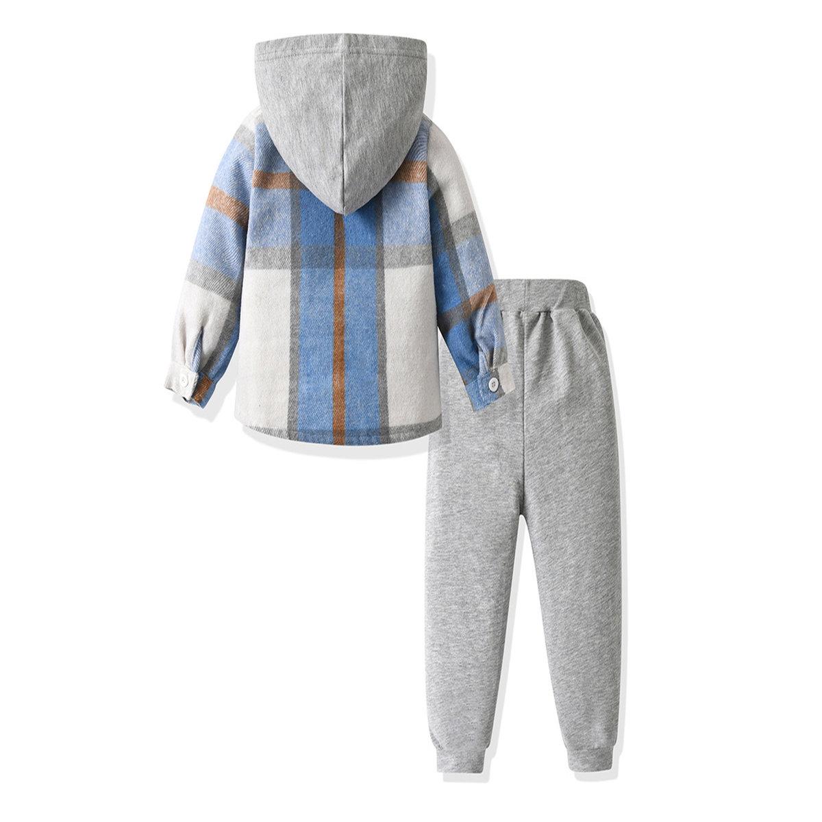 Take Two Boys Blue Checked Hooded Shirt and Jogger Set-boys-clothing-setsandcoords-image-2