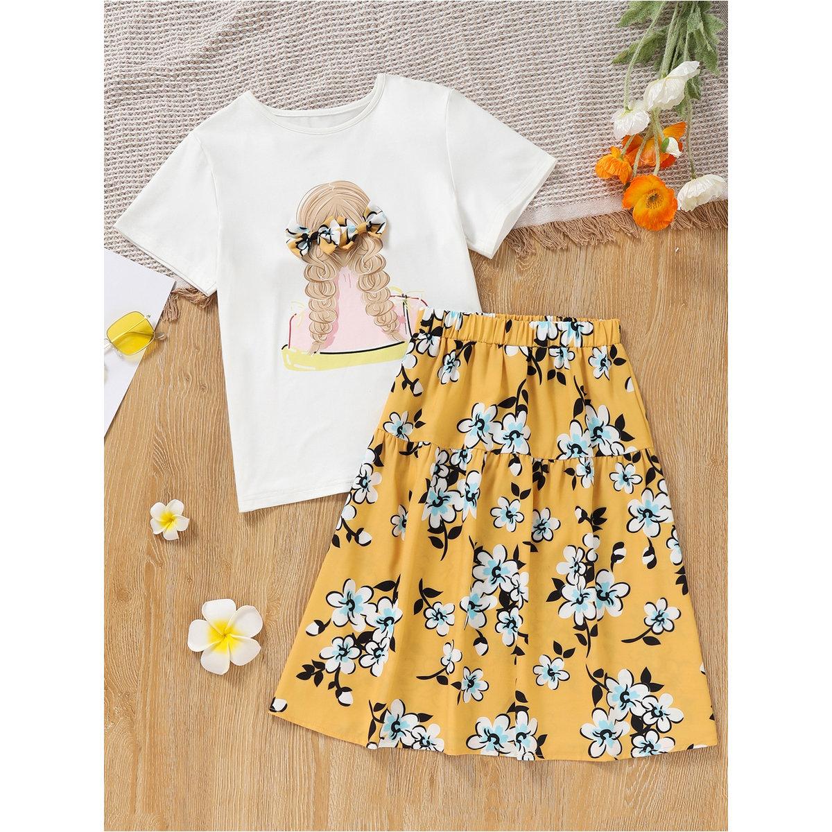 Take Two Girls Graphic Print Bow Detail T-Shirt and Skirt Set-girls-clothing-setsandcoords-image-1