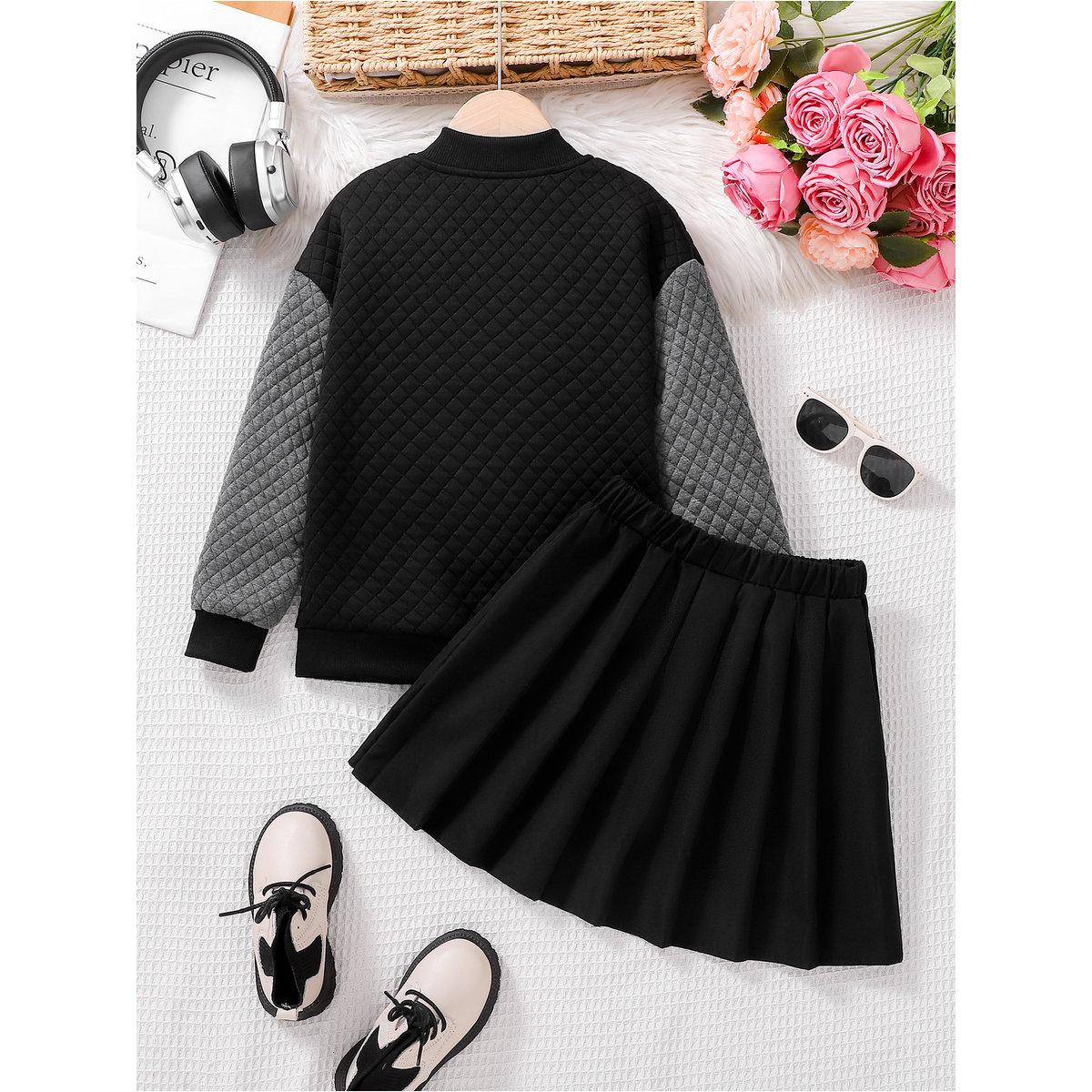 Take Two Girls Black Textured Jacket and Skirt Set-girls-clothing-setsandcoords-image-2