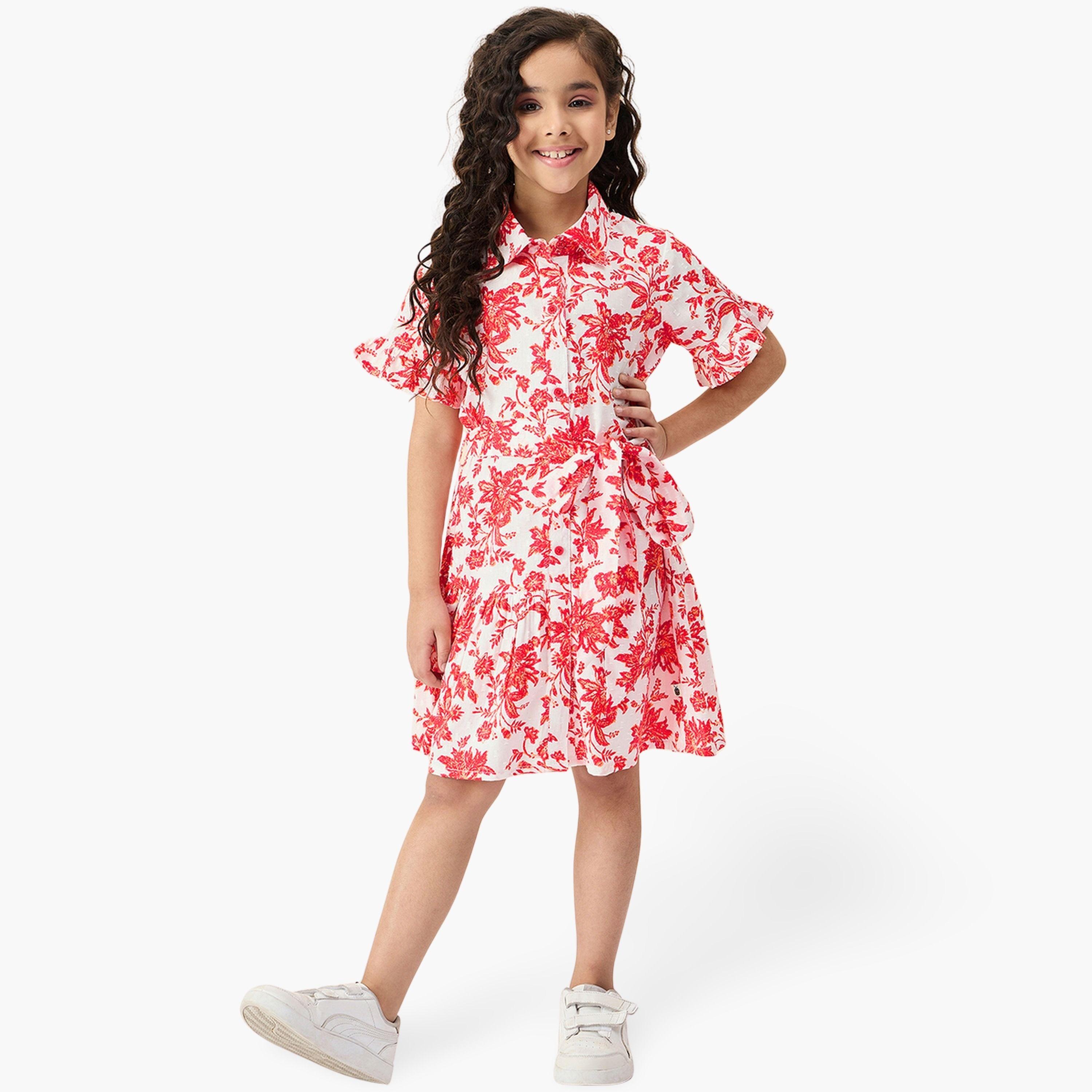 فستان قصير بقصة واسعة وطبعة زهور-girls-clothing-dressesandjumpsuits-image-1