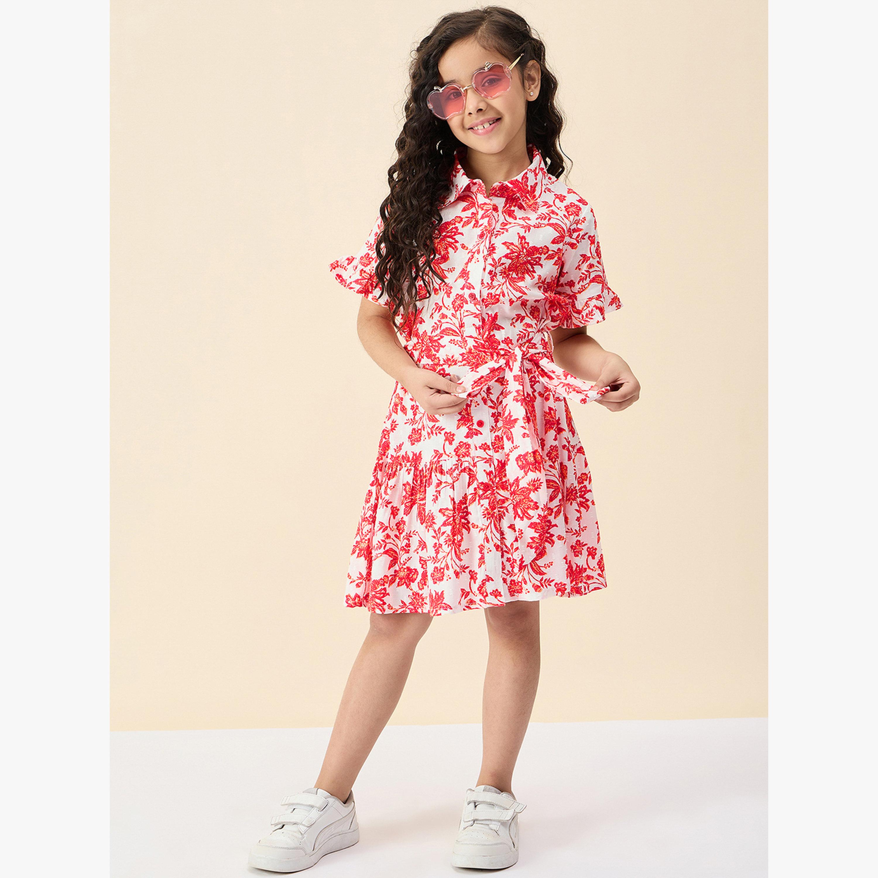 فستان قصير بقصة واسعة وطبعة زهور-girls-clothing-dressesandjumpsuits-image-2